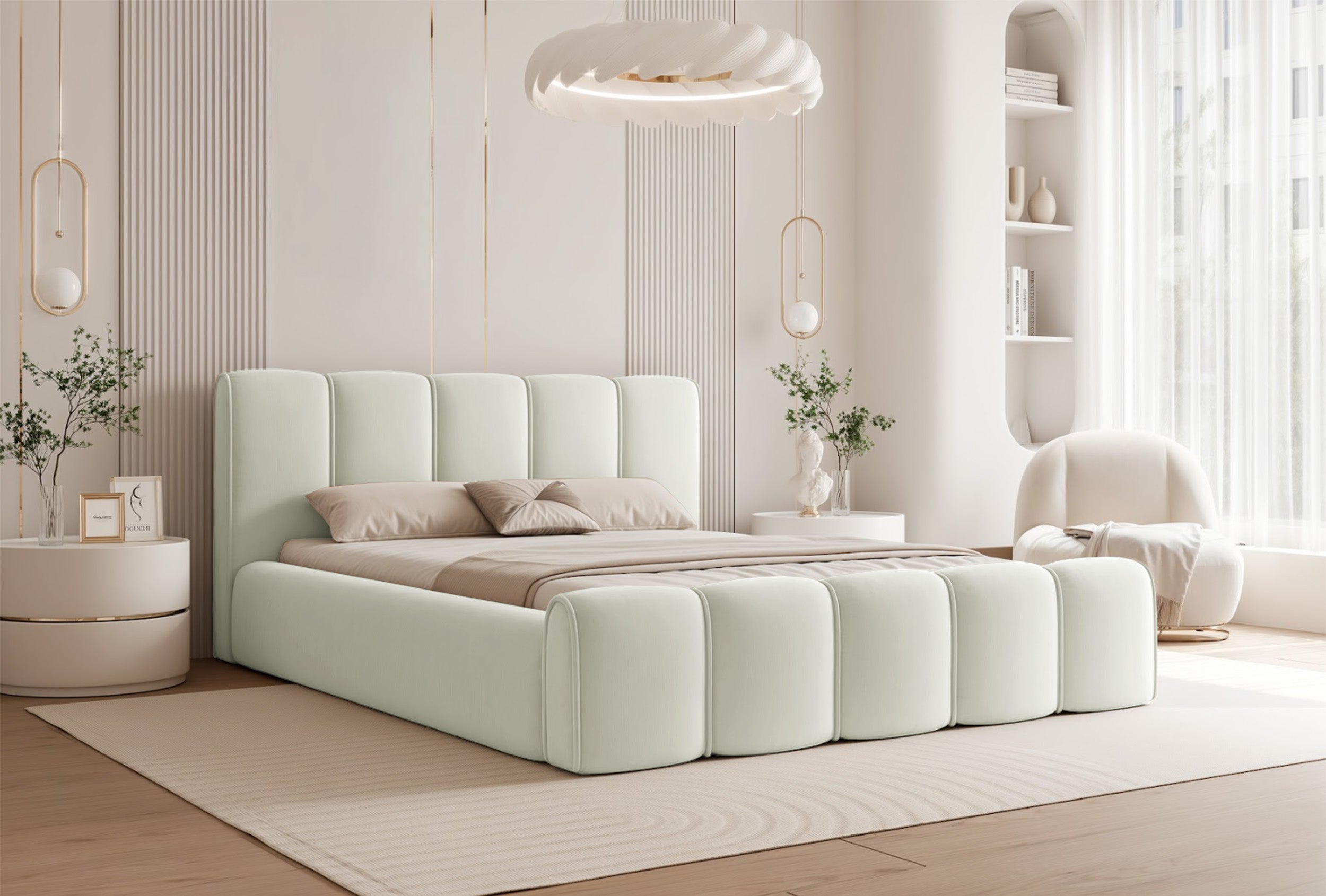 Polsterbett 160x200 cm Moenne mit Stauraum, Metallrahmen, cremefarbener Velours, wasserabweisend