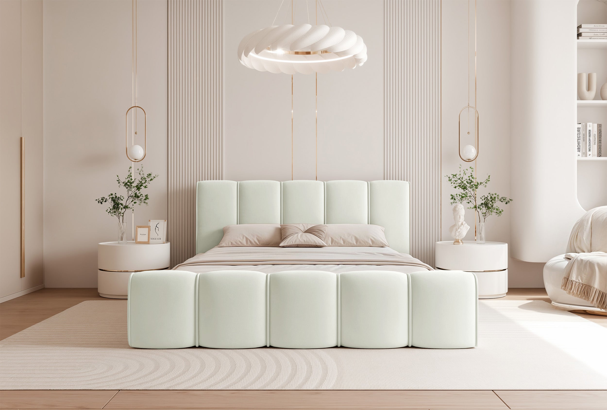 Polsterbett 180x200 cm Moenne mit Stauraum, Metallrahmen, cremefarbener hydrophober Samt