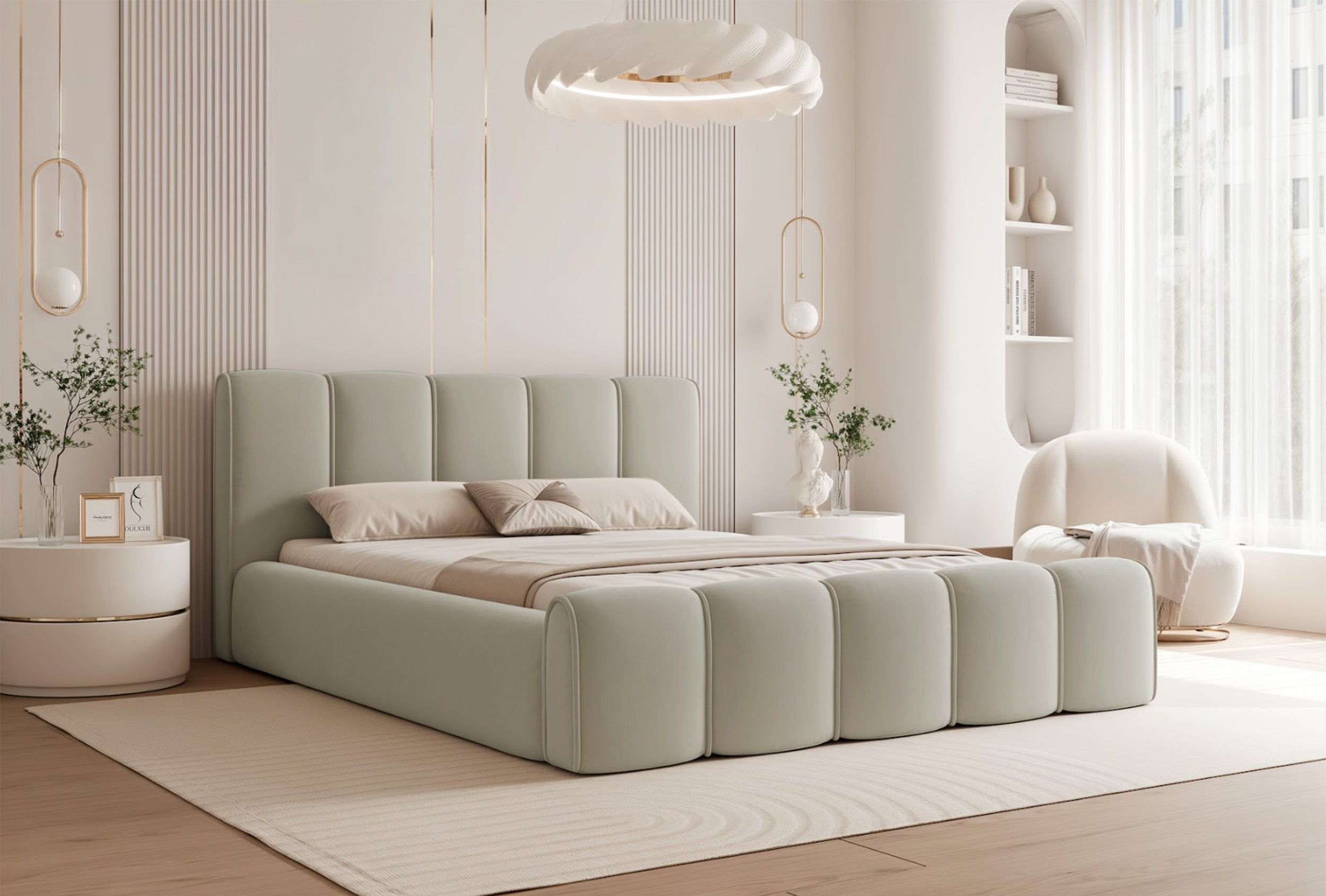 Polsterbett 160x200 cm Moenne mit Stauraum, Metallrahmen, beige Velours, wasserabweisend