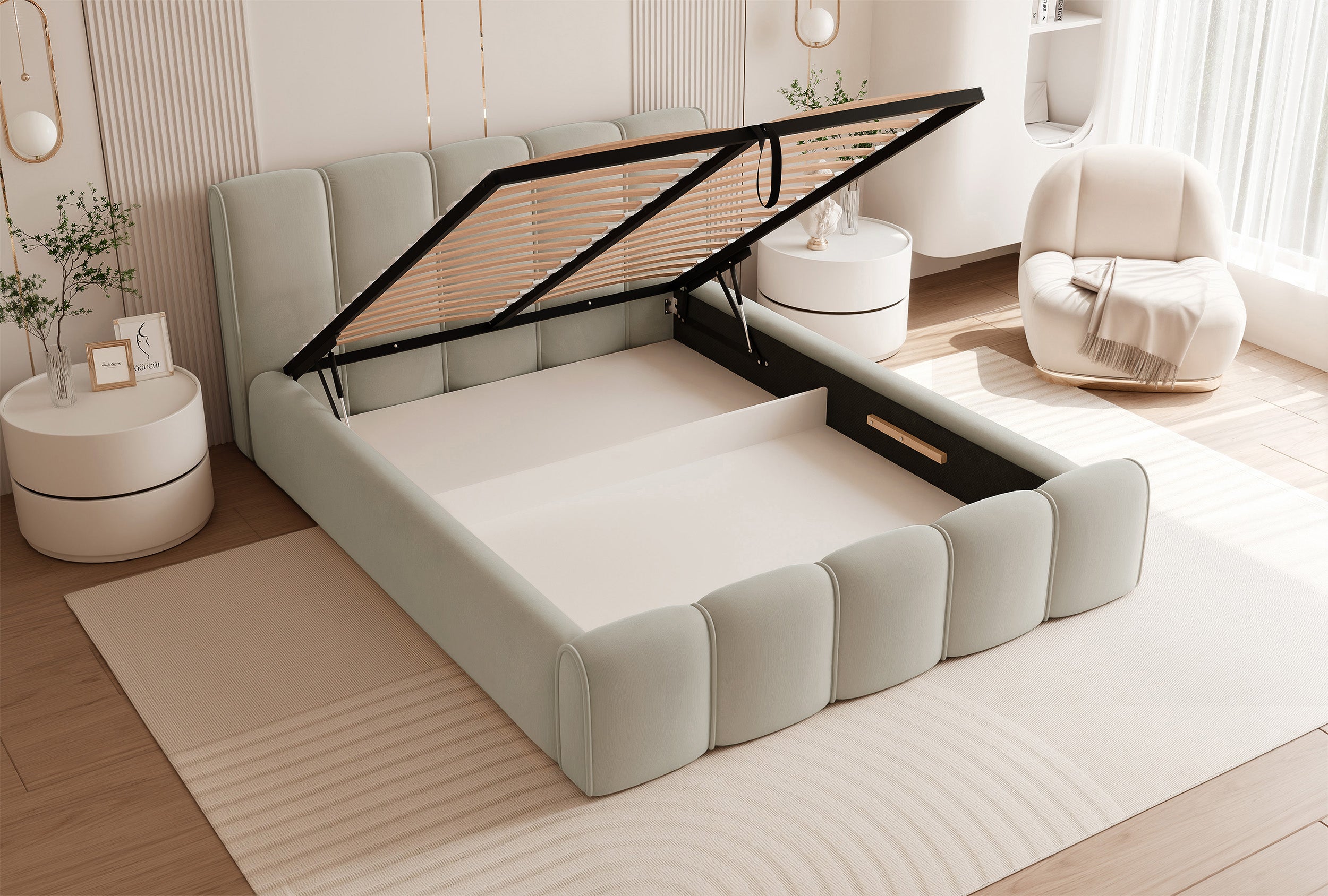 Polsterbett 160x200 cm Moenne mit Stauraum, Metallrahmen, beige Velours, wasserabweisend
