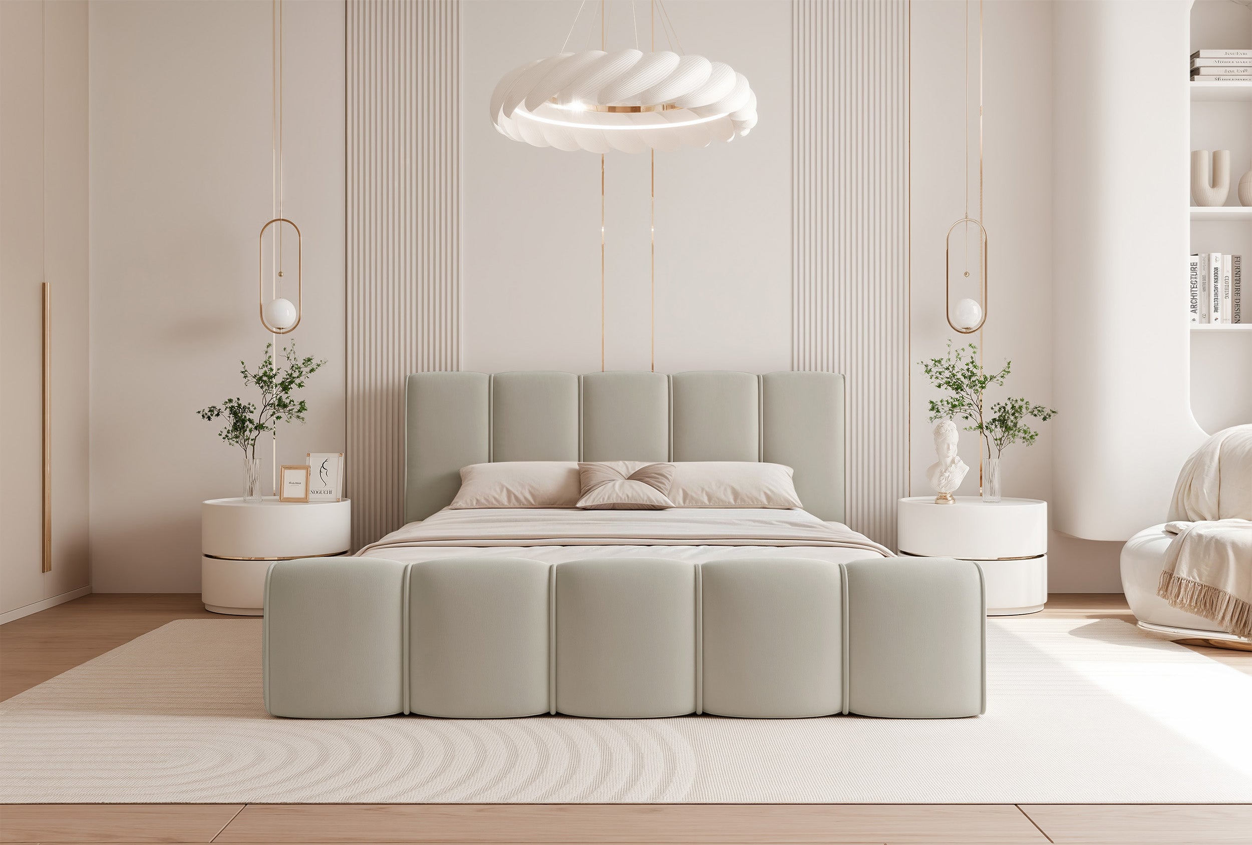 Polsterbett 160x200 cm Moenne mit Stauraum, Metallrahmen, beige Velours, wasserabweisend