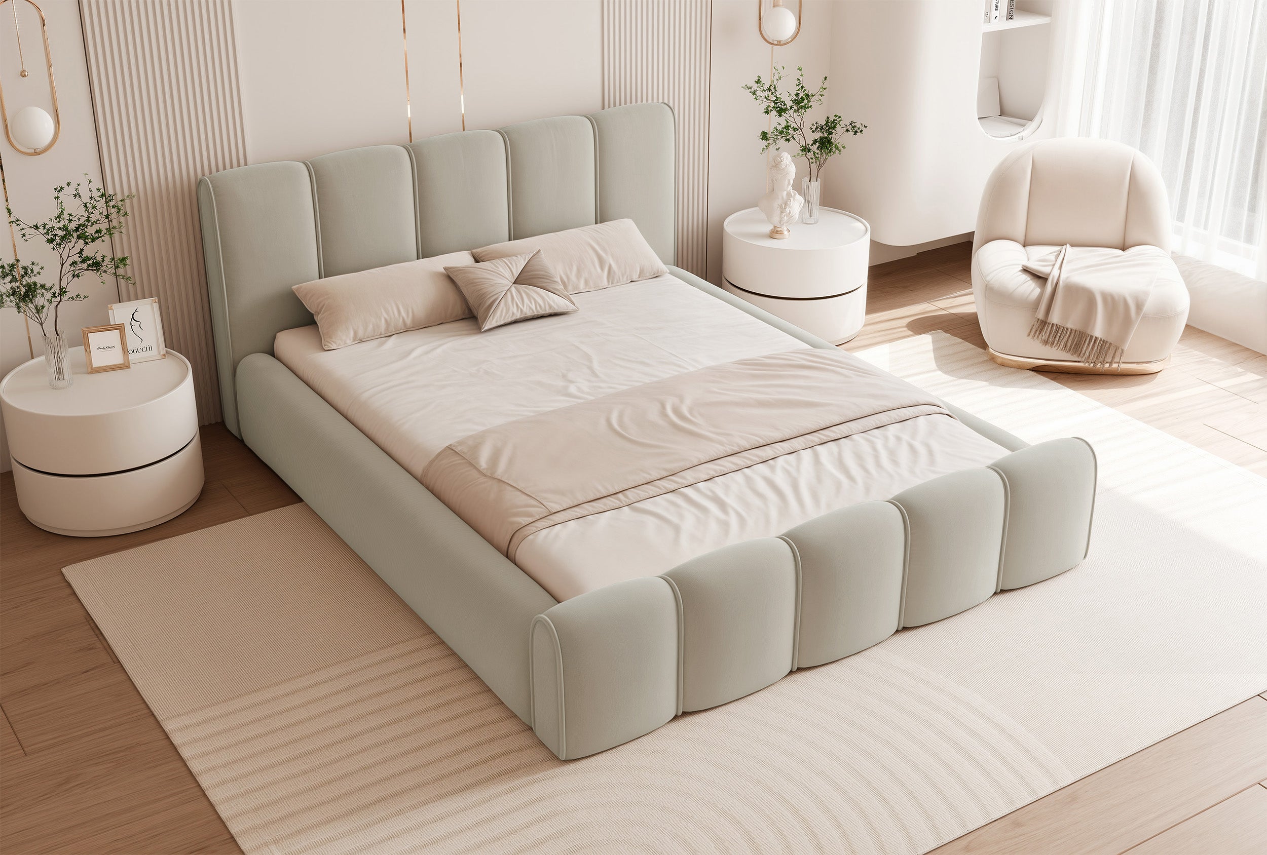 Polsterbett 160x200 cm Moenne mit Stauraum, Metallrahmen, beige Velours, wasserabweisend
