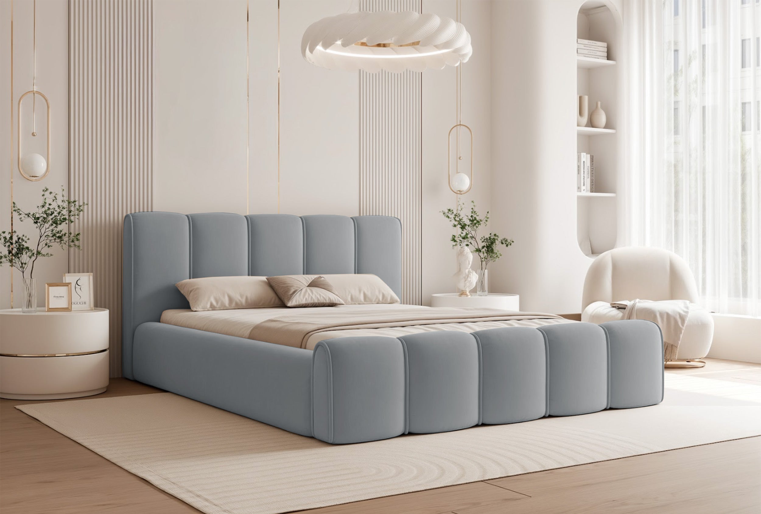 Polsterbett 180x200 cm Moenne mit Stauraum, Metallrahmen, grauer wasserabweisender Samt