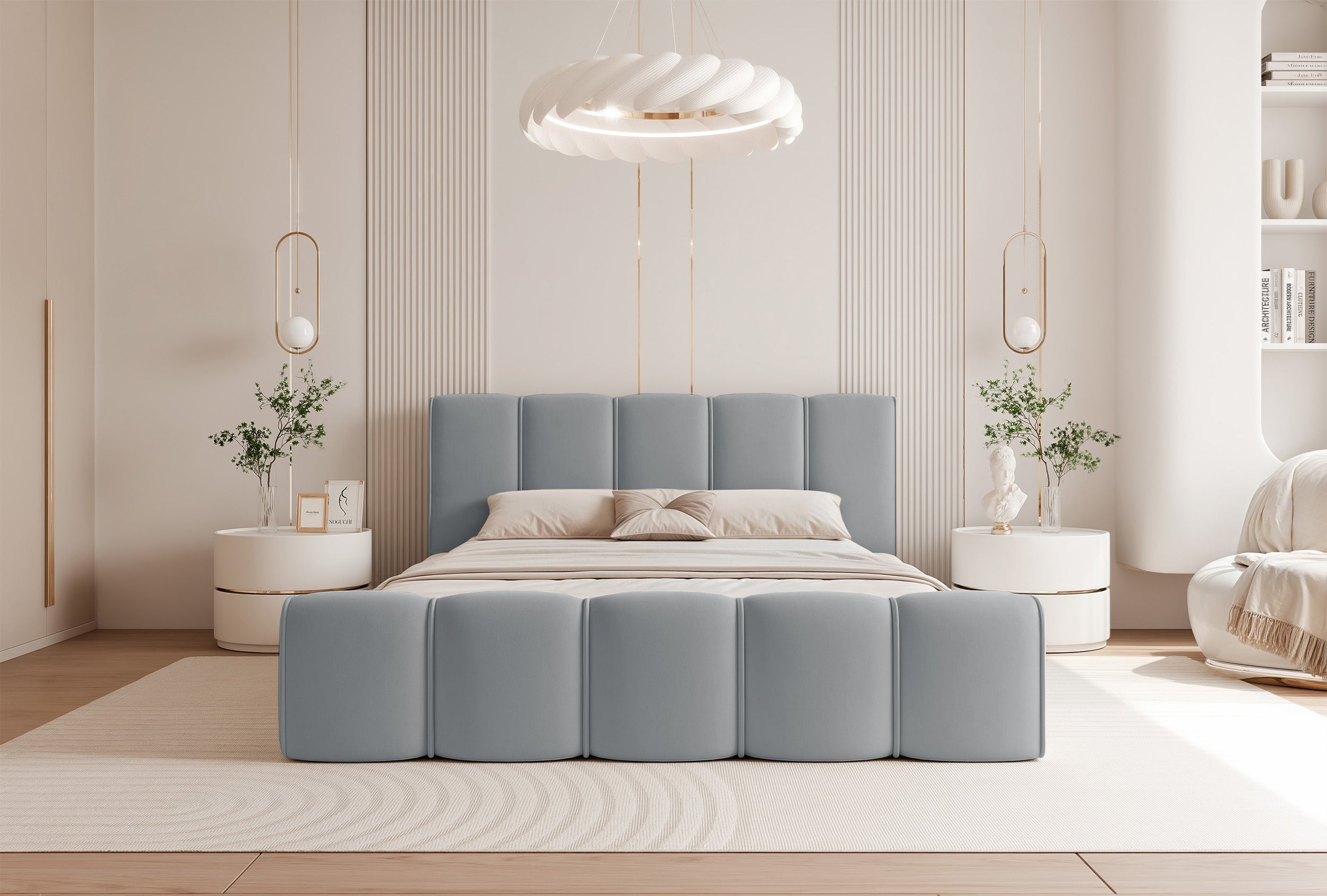 Polsterbett 180x200 cm Moenne mit Stauraum, Metallrahmen, grauer wasserabweisender Samt