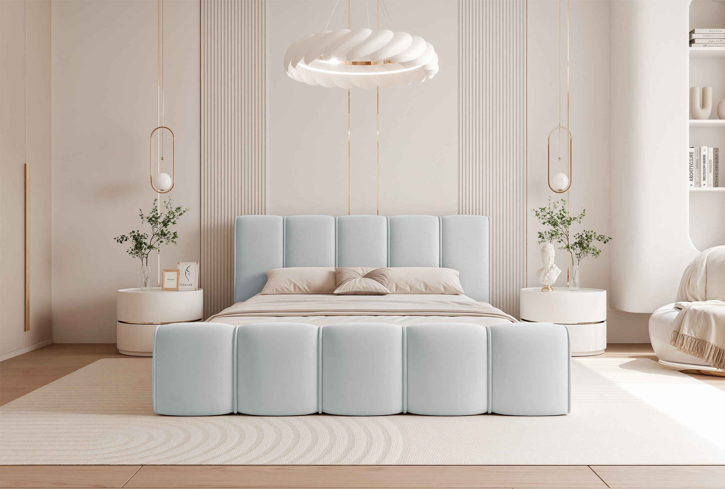 Polsterbett 160x200 cm Moenne mit Stauraum, Metallrahmen, hellgrauer hydrophober Samt