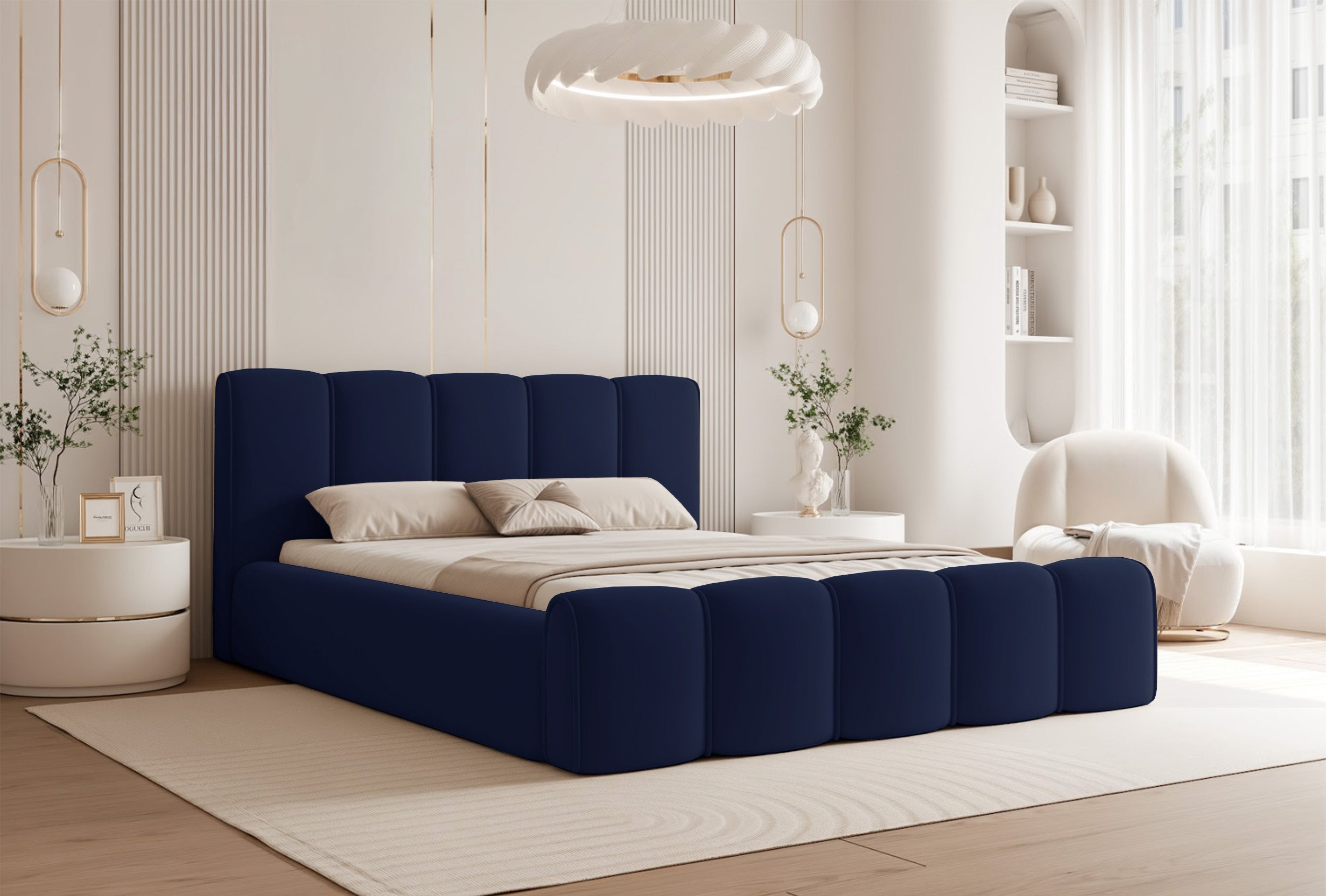 Polsterbett 180x200 cm Moenne mit Stauraum, Metallrahmen, marineblauer wasserabweisender Samt