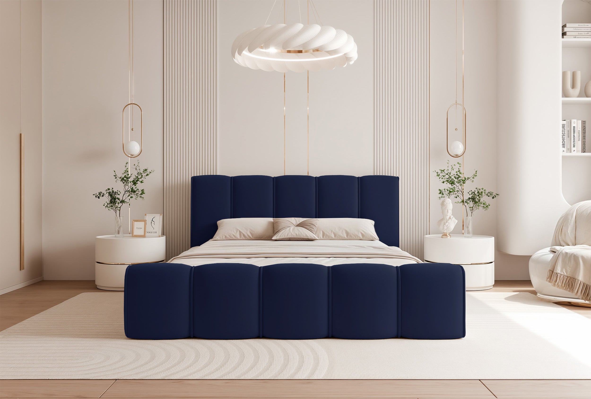 Polsterbett 140x200 cm Moenne mit Stauraum, Metallrahmen, marineblauer Veloursstoff, wasserabweisend