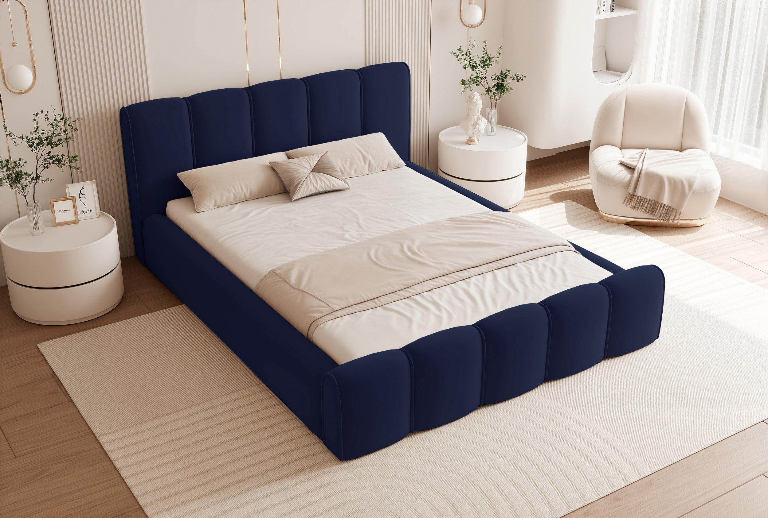 Gepolstertes Bett 160x200 cm Moenne mit Stauraum, Metallrahmen, marineblauer hydrophober Samt