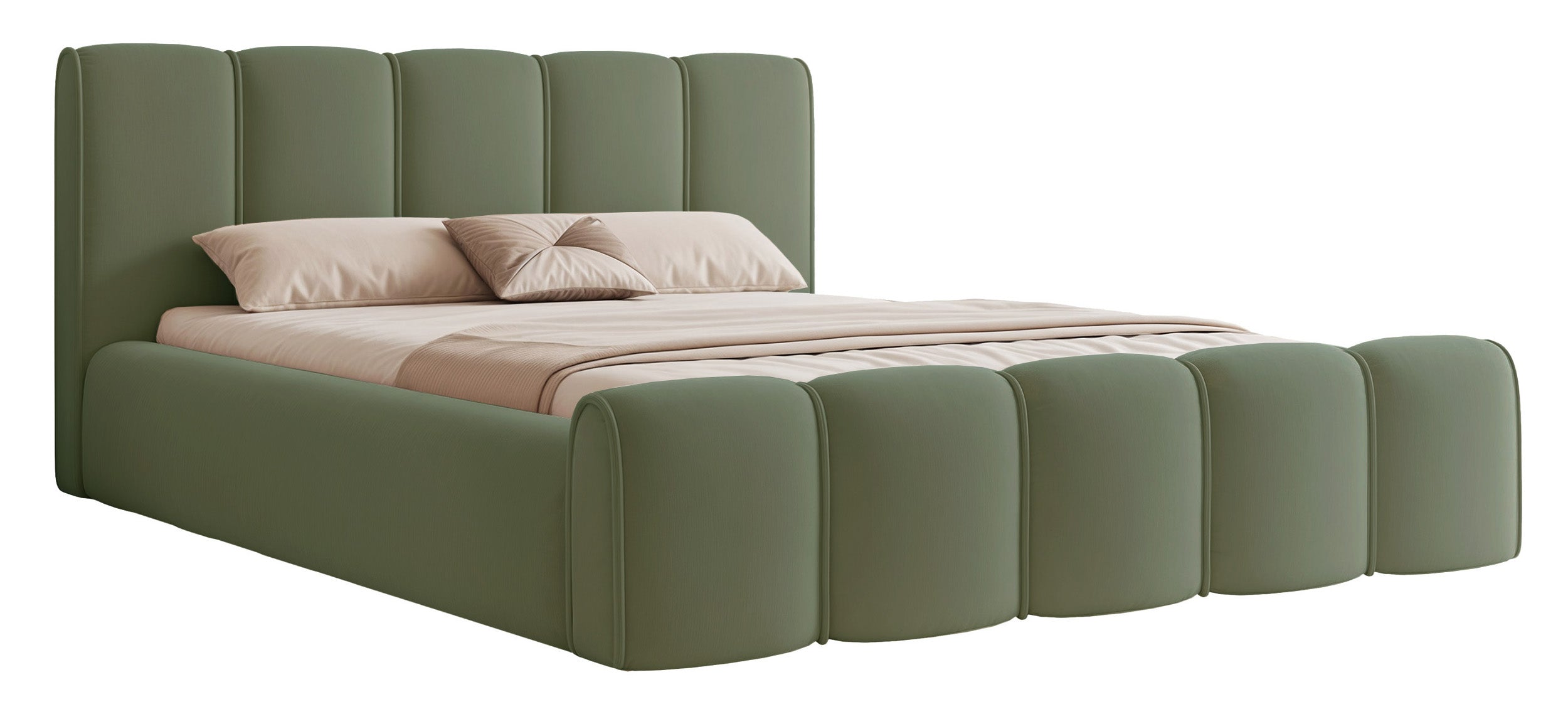 Polsterbett 180x200 cm Moenne mit Stauraum, Metallrahmen, salbeigrüner Veloursstoff, wasserabweisend