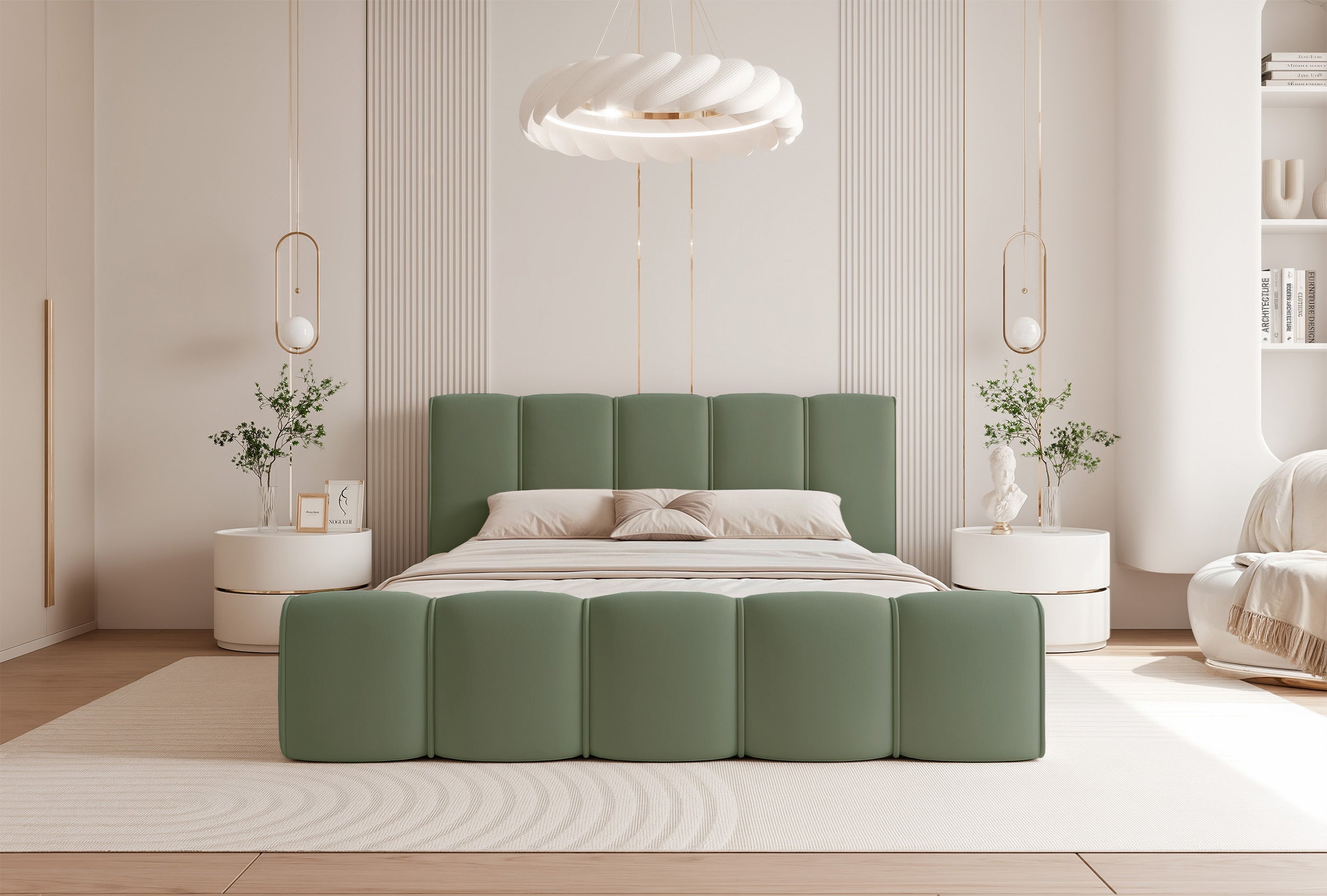 Polsterbett 180x200 cm Moenne mit Stauraum, Metallrahmen, salbeigrüner Veloursstoff, wasserabweisend