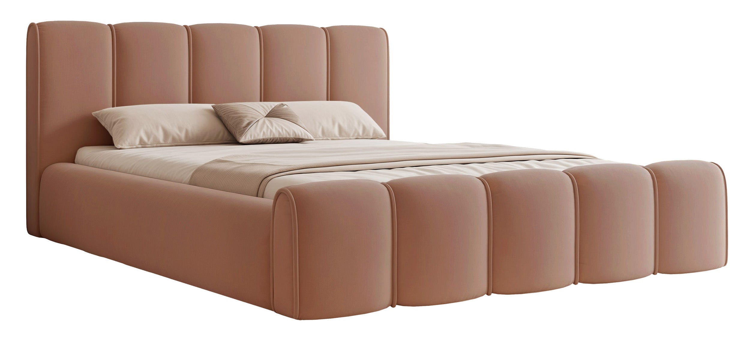 Polsterbett 180x200 cm Moenne mit Stauraum, Metallrahmen, lachsfarbener, wasserabweisender Samt