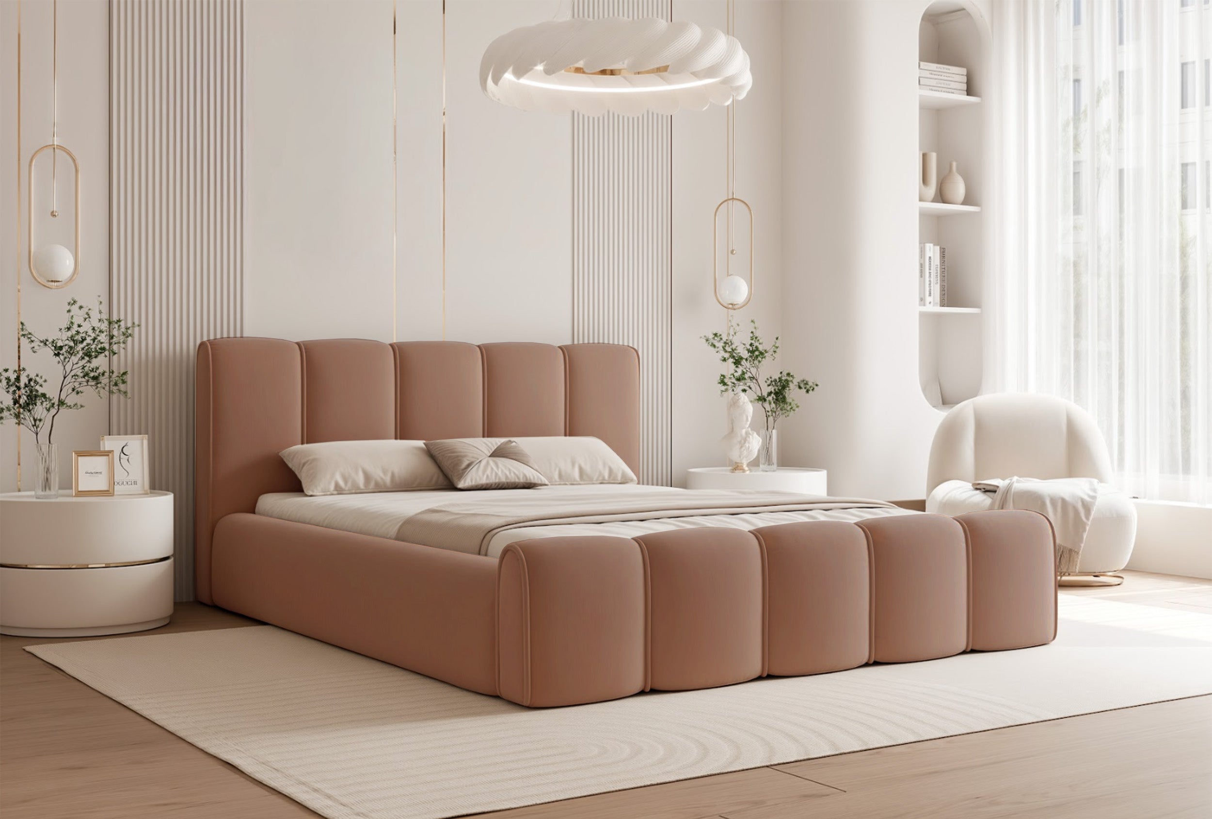 Polsterbett 180x200 cm Moenne mit Stauraum, Metallrahmen, lachsfarbener, wasserabweisender Samt