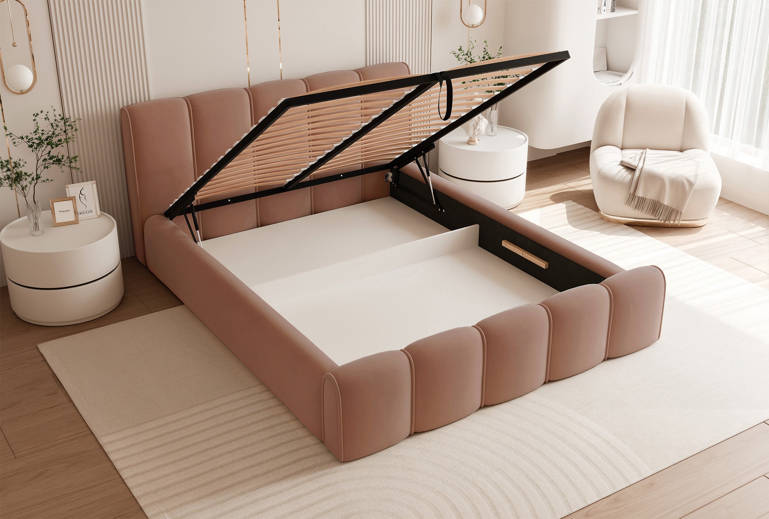 Polsterbett 180x200 cm Moenne mit Stauraum, Metallrahmen, lachsfarbener, wasserabweisender Samt