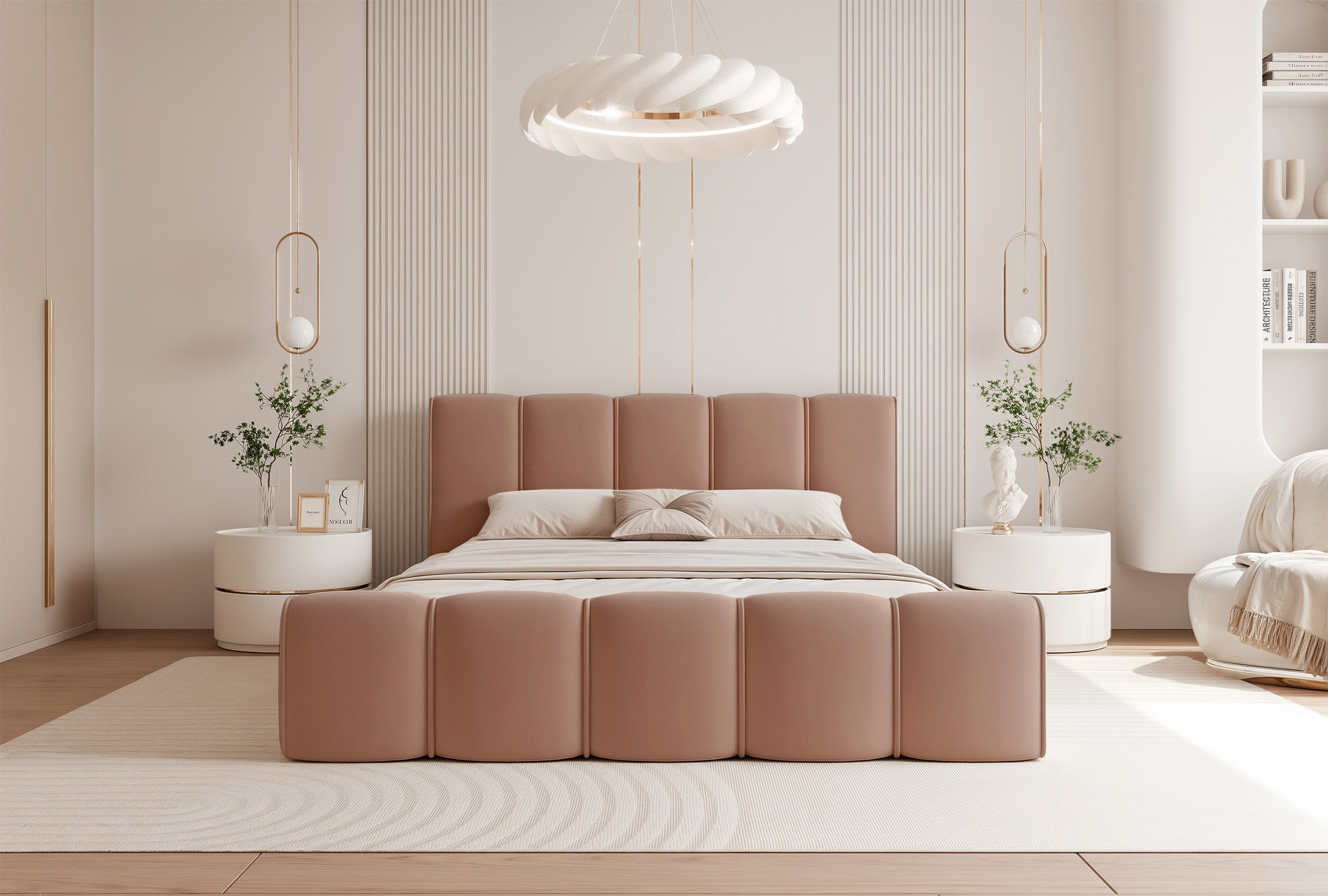 Polsterbett 180x200 cm Moenne mit Stauraum, Metallrahmen, lachsfarbener, wasserabweisender Samt