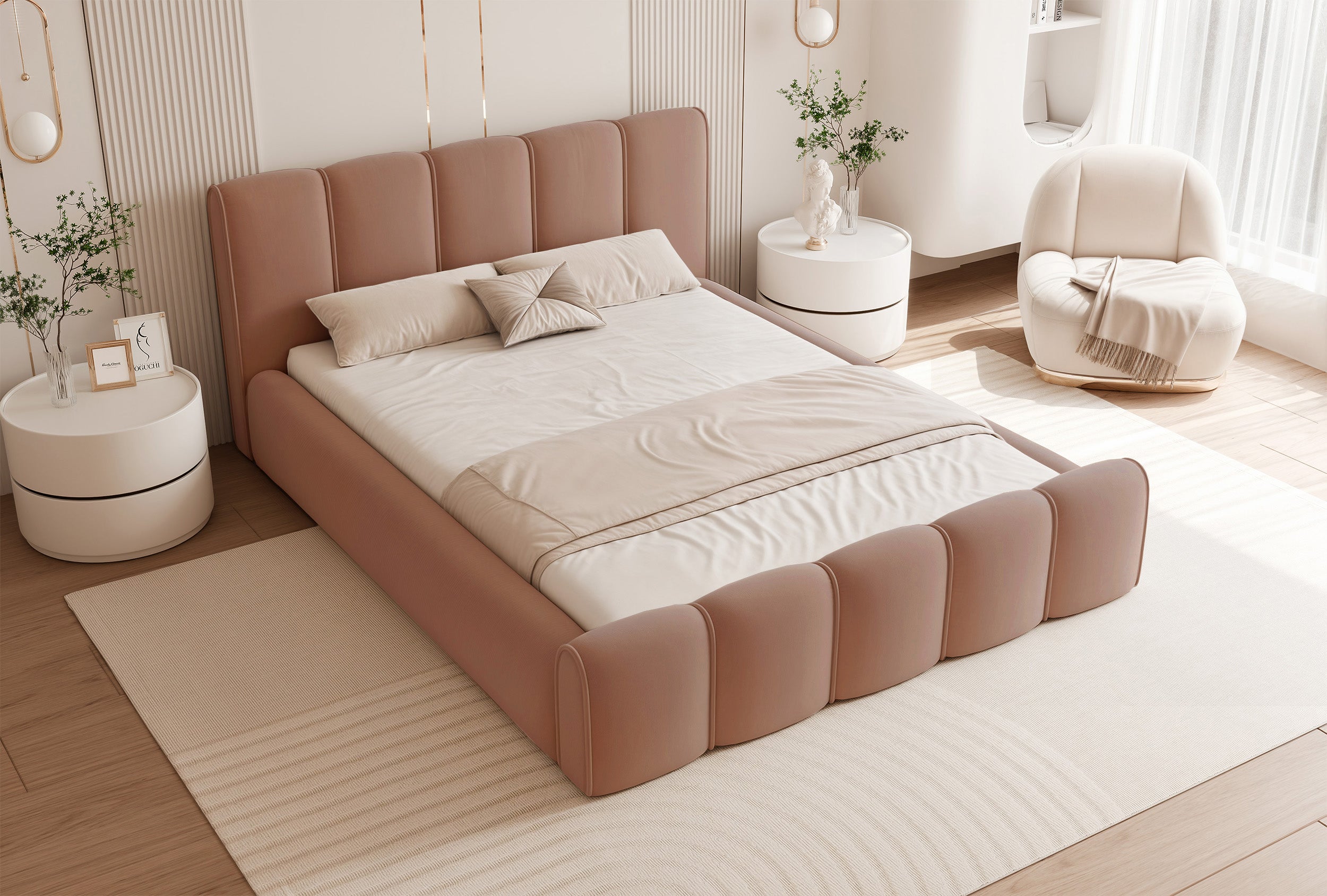 Polsterbett 180x200 cm Moenne mit Stauraum, Metallrahmen, lachsfarbener, wasserabweisender Samt