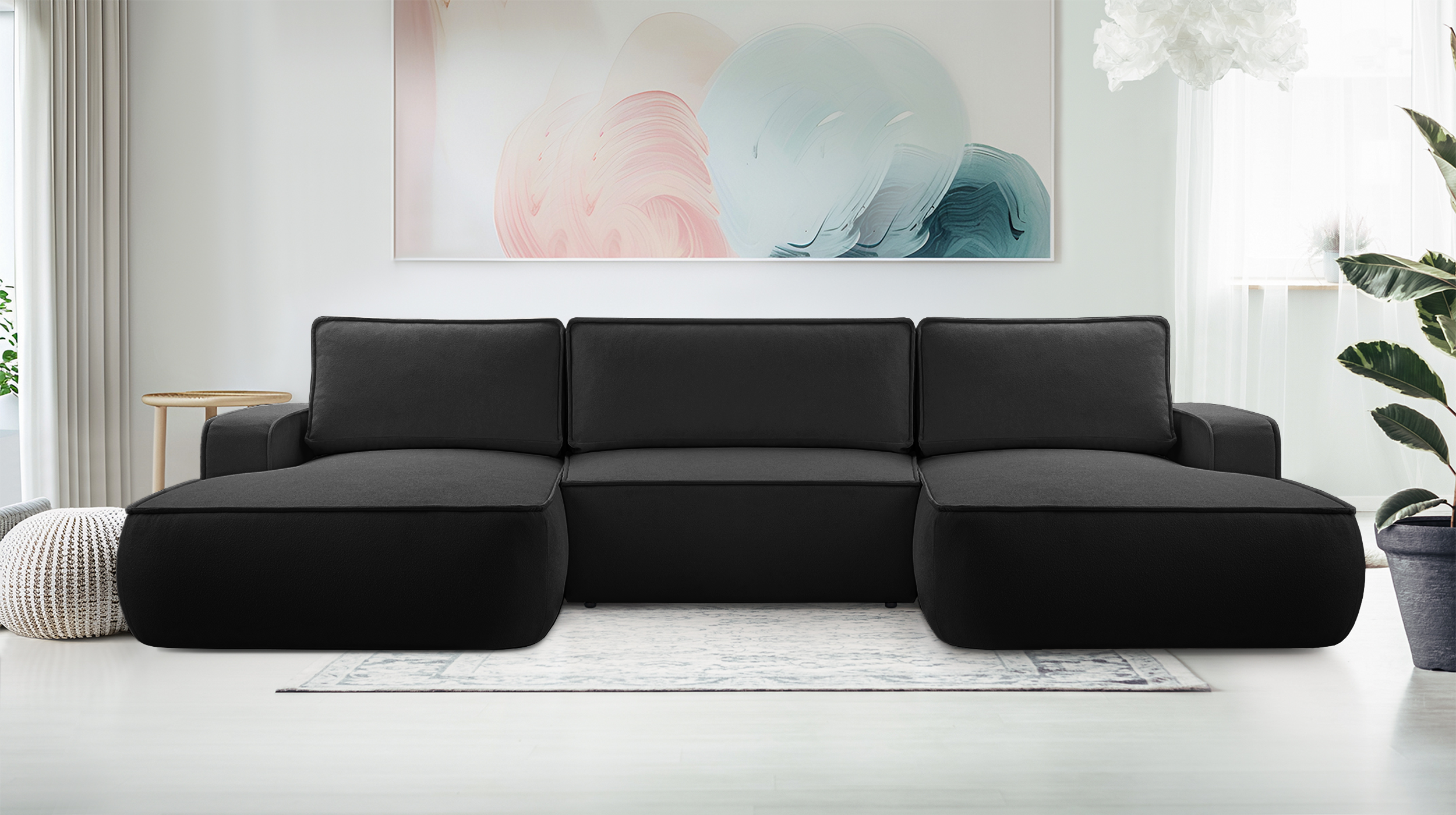 Ecksofa mit Schlaffunktion Mollaro U-förmig, universell, mit Stauraum, schwarzer Bouclé-Stoff