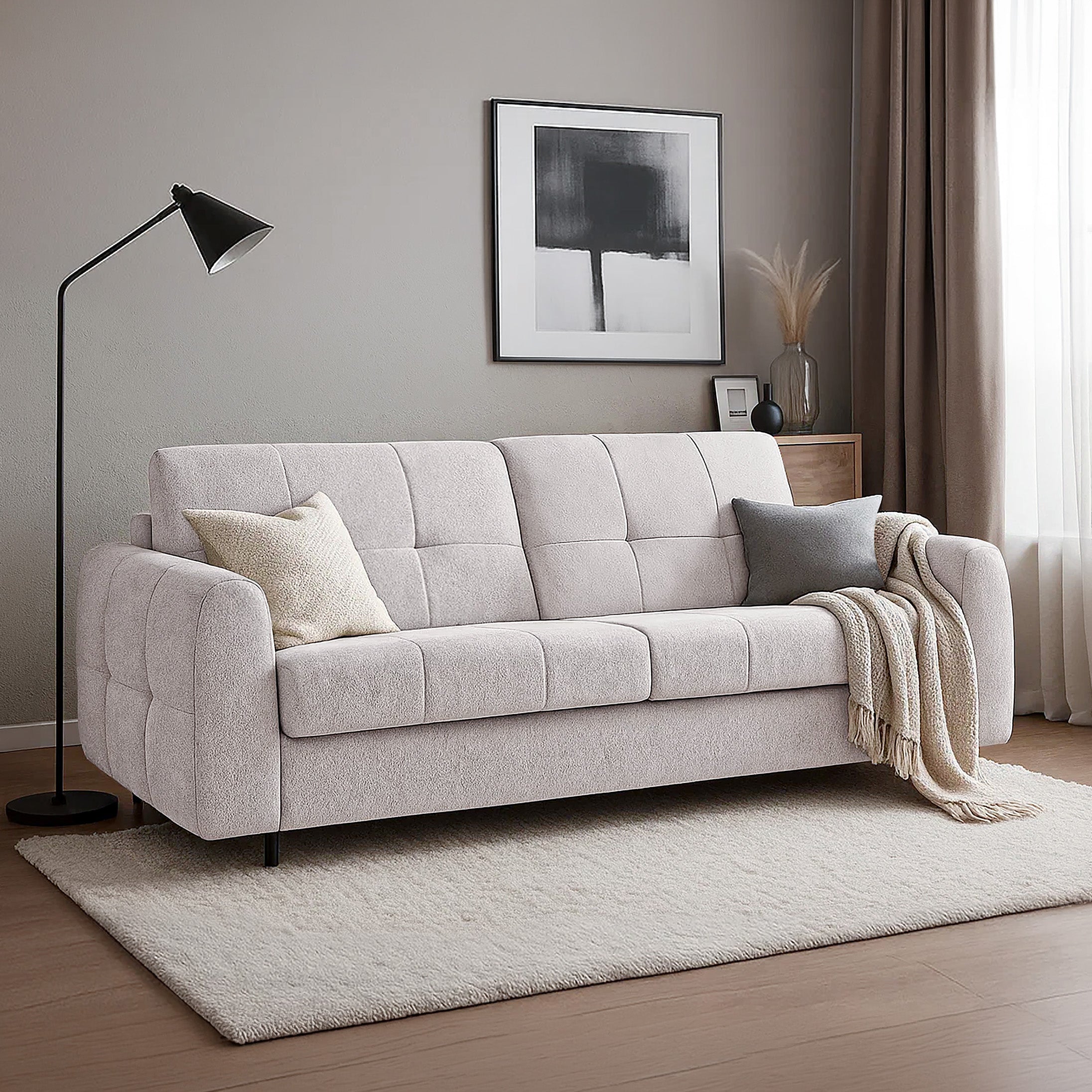 Dreisitziges ausklappbares Sofa Muvea 140 cm mit Stauraum und Matratze, italienisches Gestell, beige Chenille