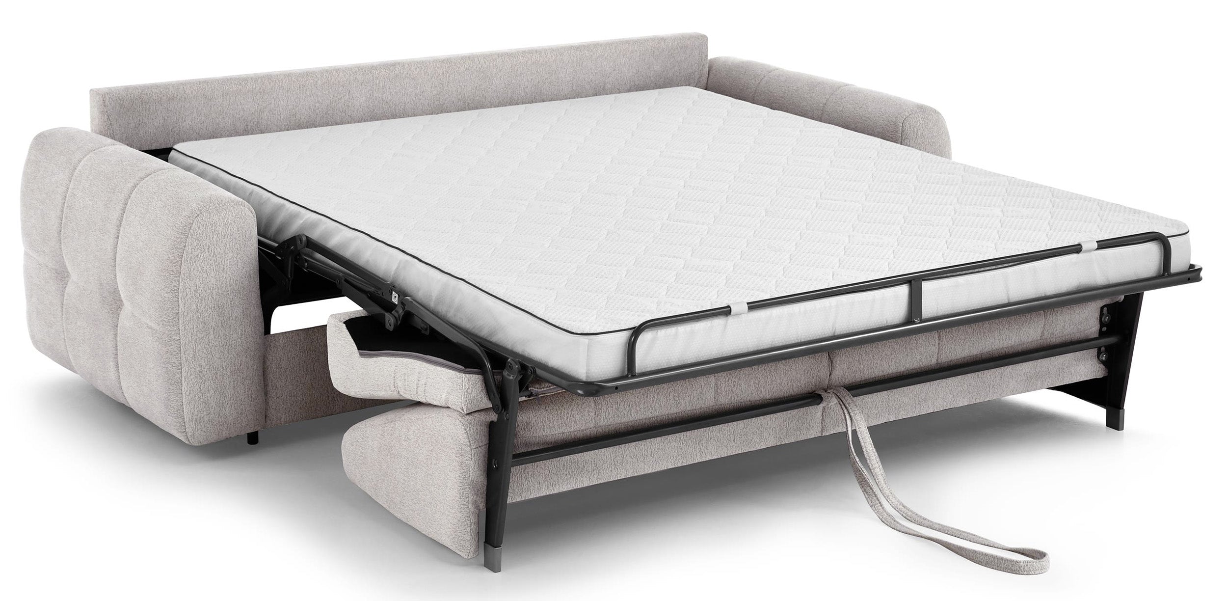 Dreisitziges ausklappbares Sofa Muvea 140 cm mit Stauraum und Matratze, italienisches Gestell, beige Chenille