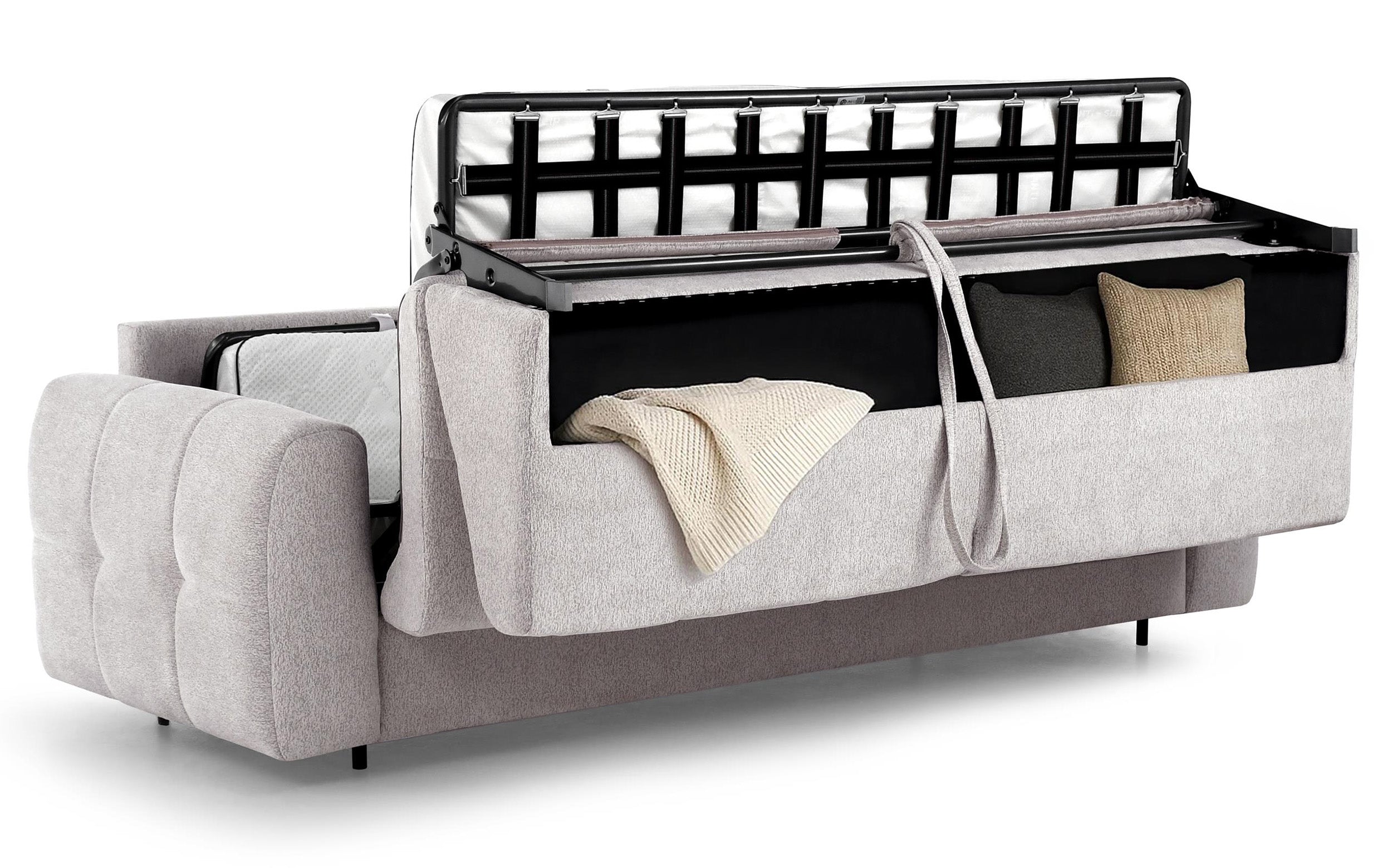 Dreisitziges ausklappbares Sofa Muvea 140 cm mit Stauraum und Matratze, italienisches Gestell, beige Chenille