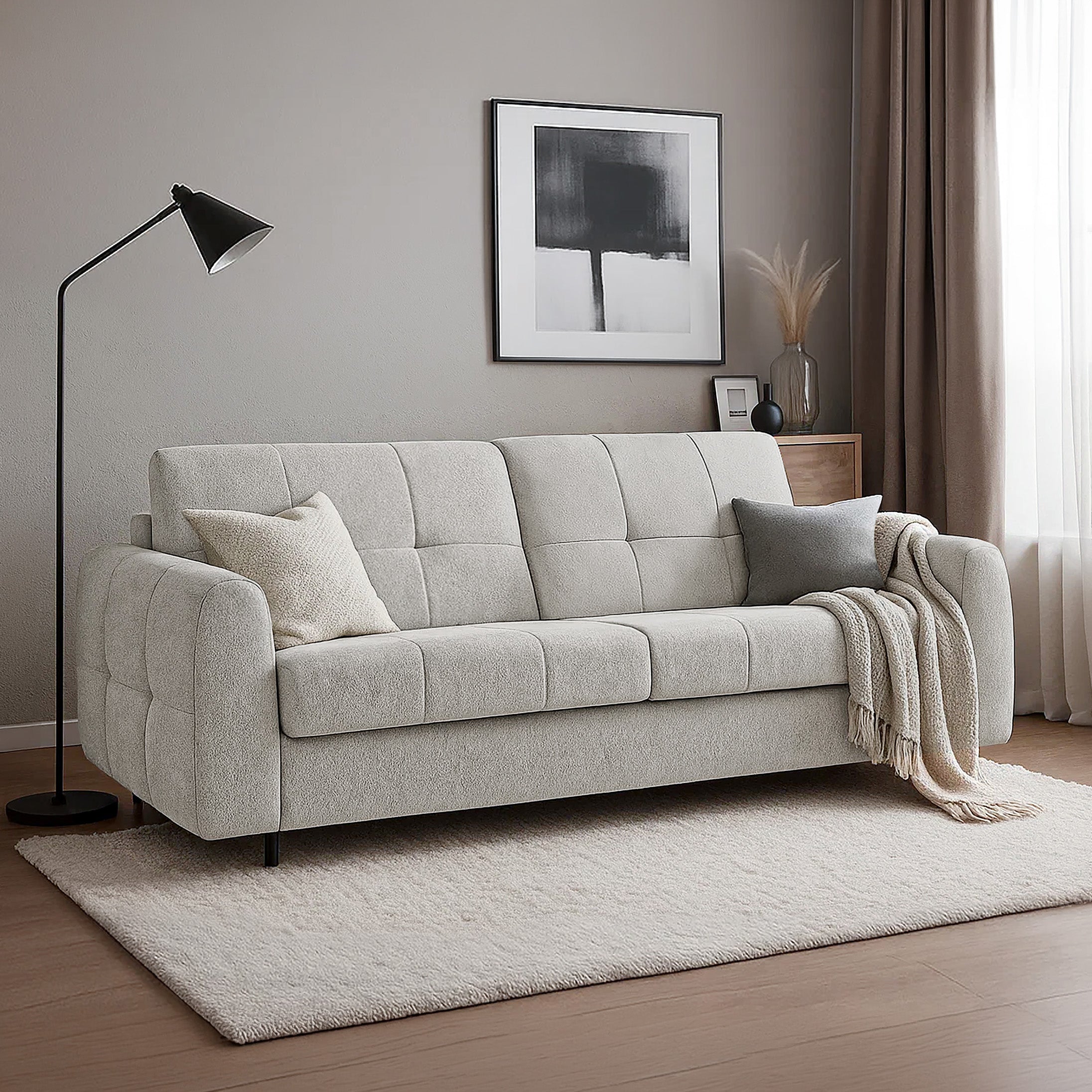 Dreisitziges ausziehbares Sofa Muvea 160 cm mit Stauraum und Matratze, italienisches Gestell, grau-beiger Chenille-Stoff