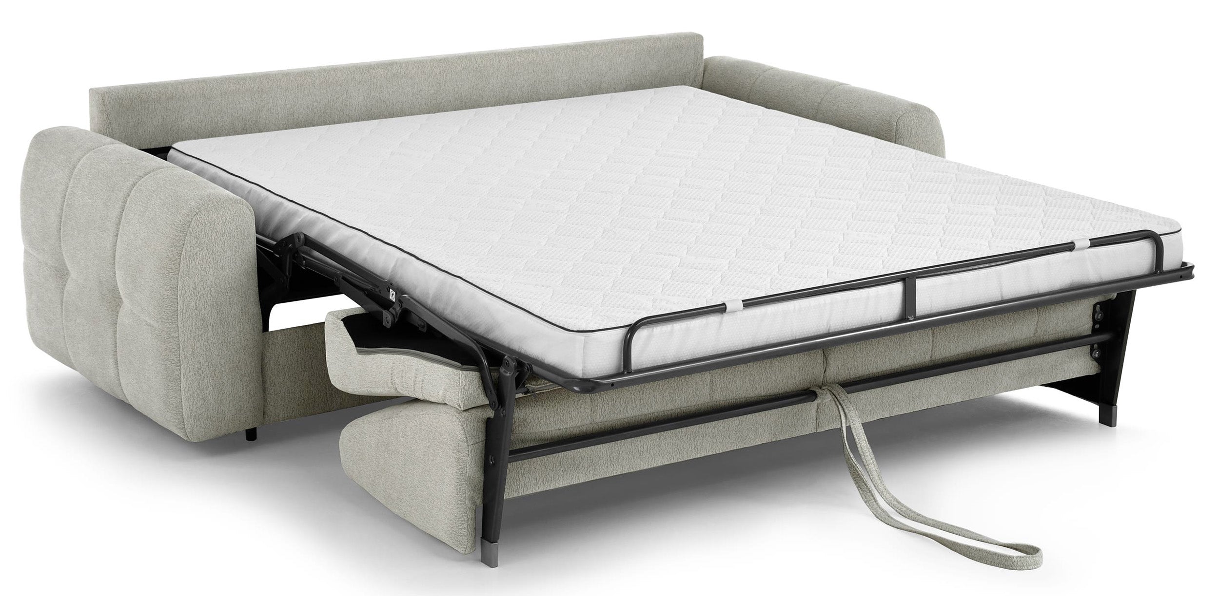 Drei-Sitzer-Schlafsofa Muvea 140 cm mit Stauraum und Matratze, italienisches Gestell, grau-beiger Chenille-Bezug