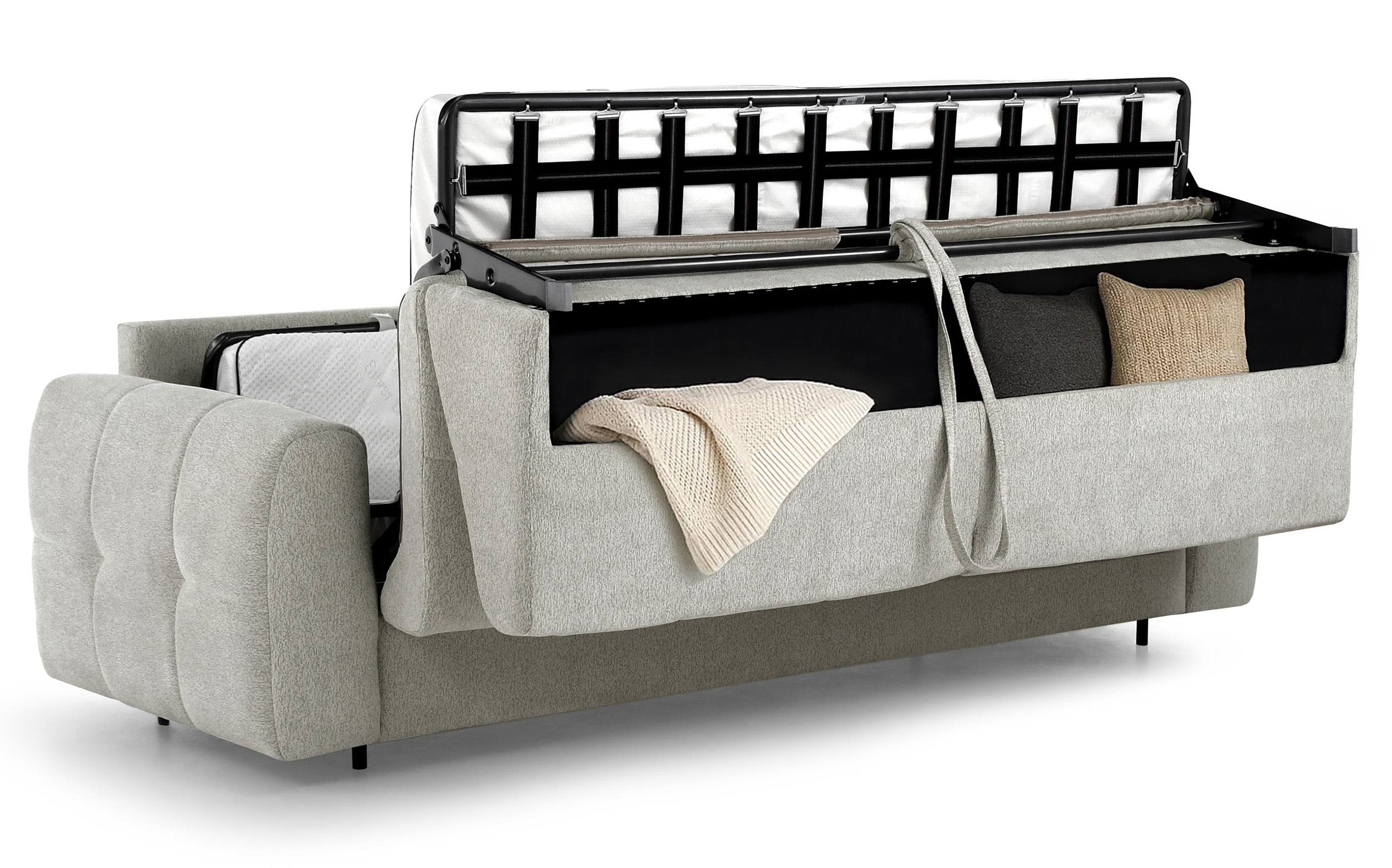 Drei-Sitzer-Schlafsofa Muvea 140 cm mit Stauraum und Matratze, italienisches Gestell, grau-beiger Chenille-Bezug