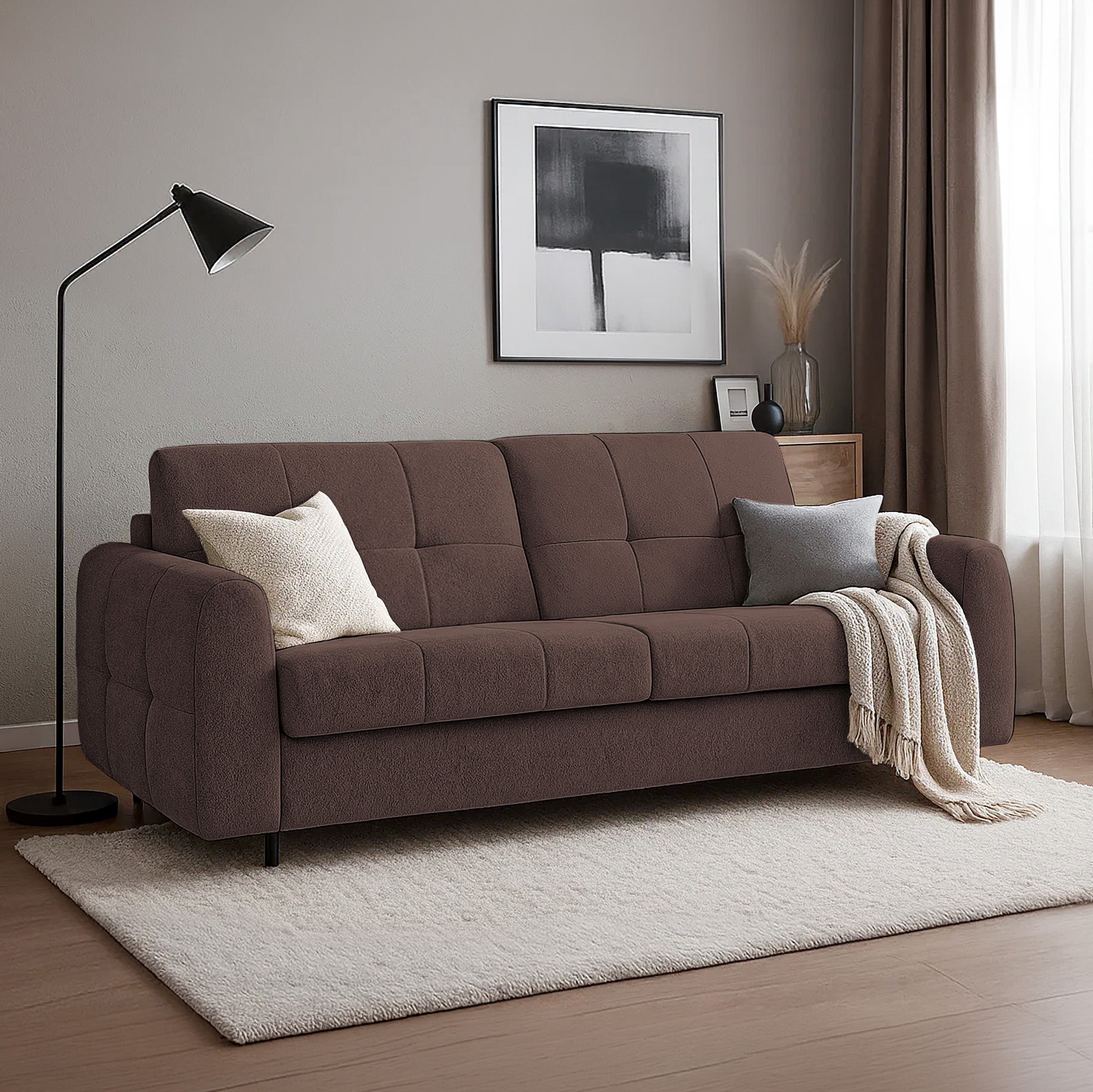 Dreisitziges ausklappbares Sofa Muvea 160 cm mit Stauraum und Matratze, italienisches Gestell, brauner Chenille-Bezug