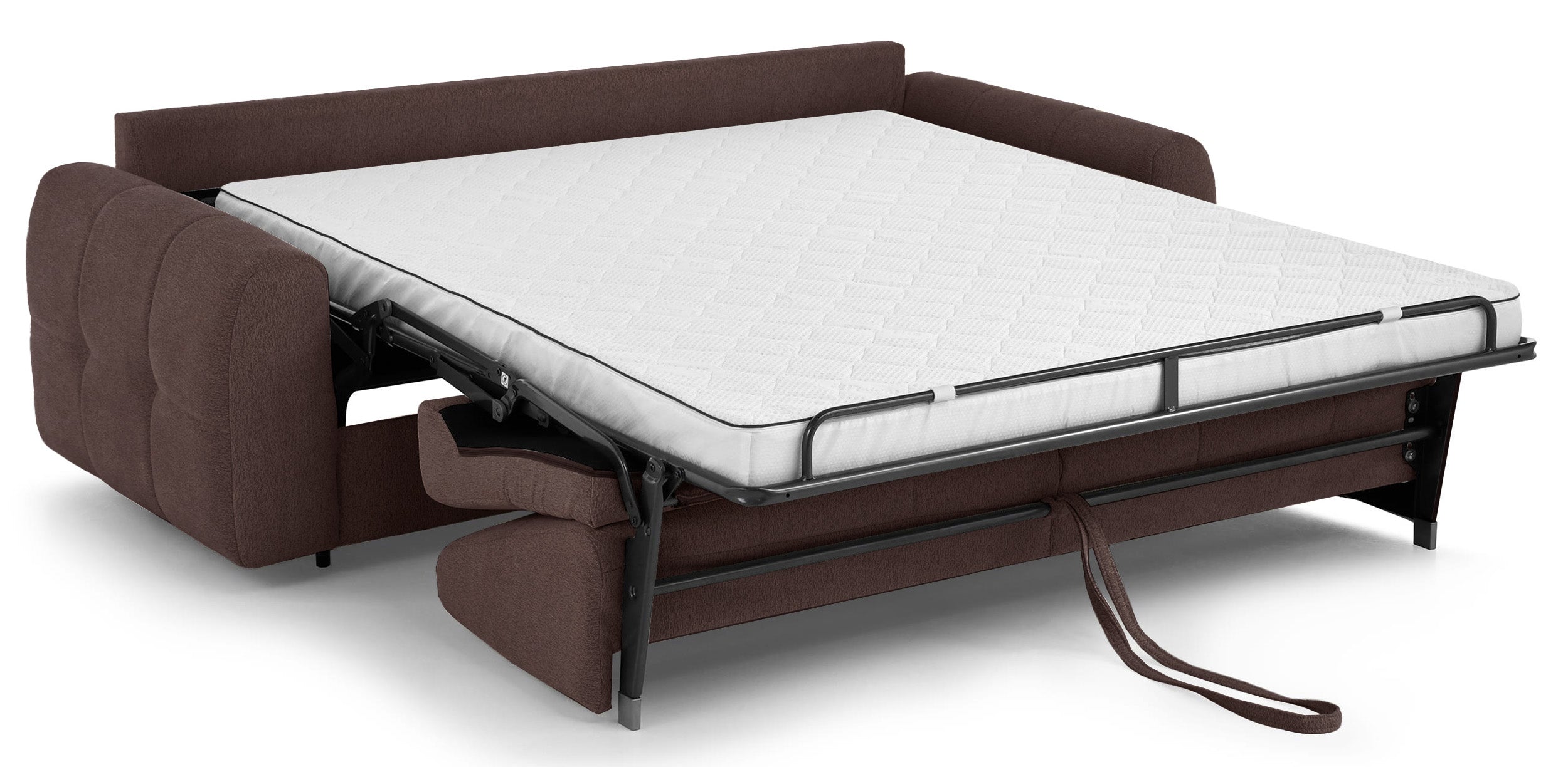 Dreisitziges ausklappbares Sofa Muvea 160 cm mit Stauraum und Matratze, italienisches Gestell, brauner Chenille-Bezug