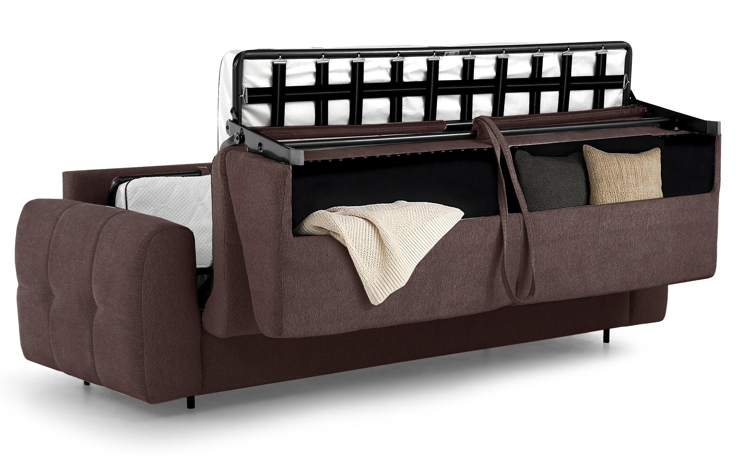 Dreisitziges ausklappbares Sofa Muvea 160 cm mit Stauraum und Matratze, italienisches Gestell, brauner Chenille-Bezug