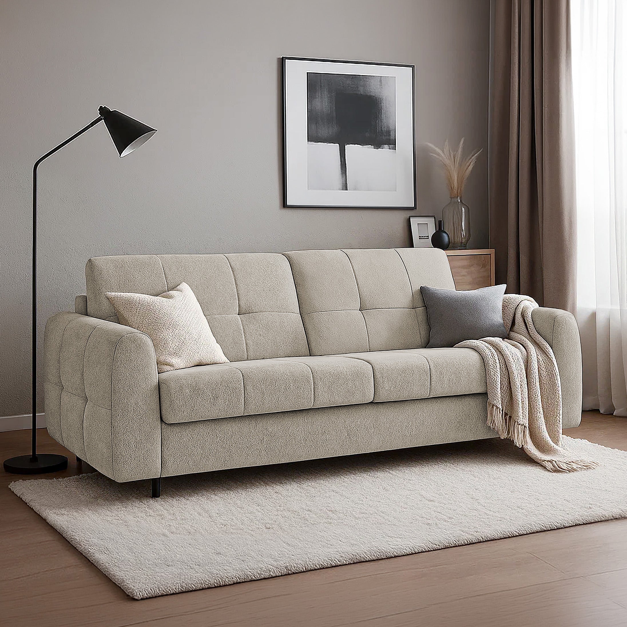 Dreisitziges ausklappbares Sofa Muvea 160 cm mit Stauraum und Matratze, italienischer Rahmen, cremefarbener Chenille-Bezug