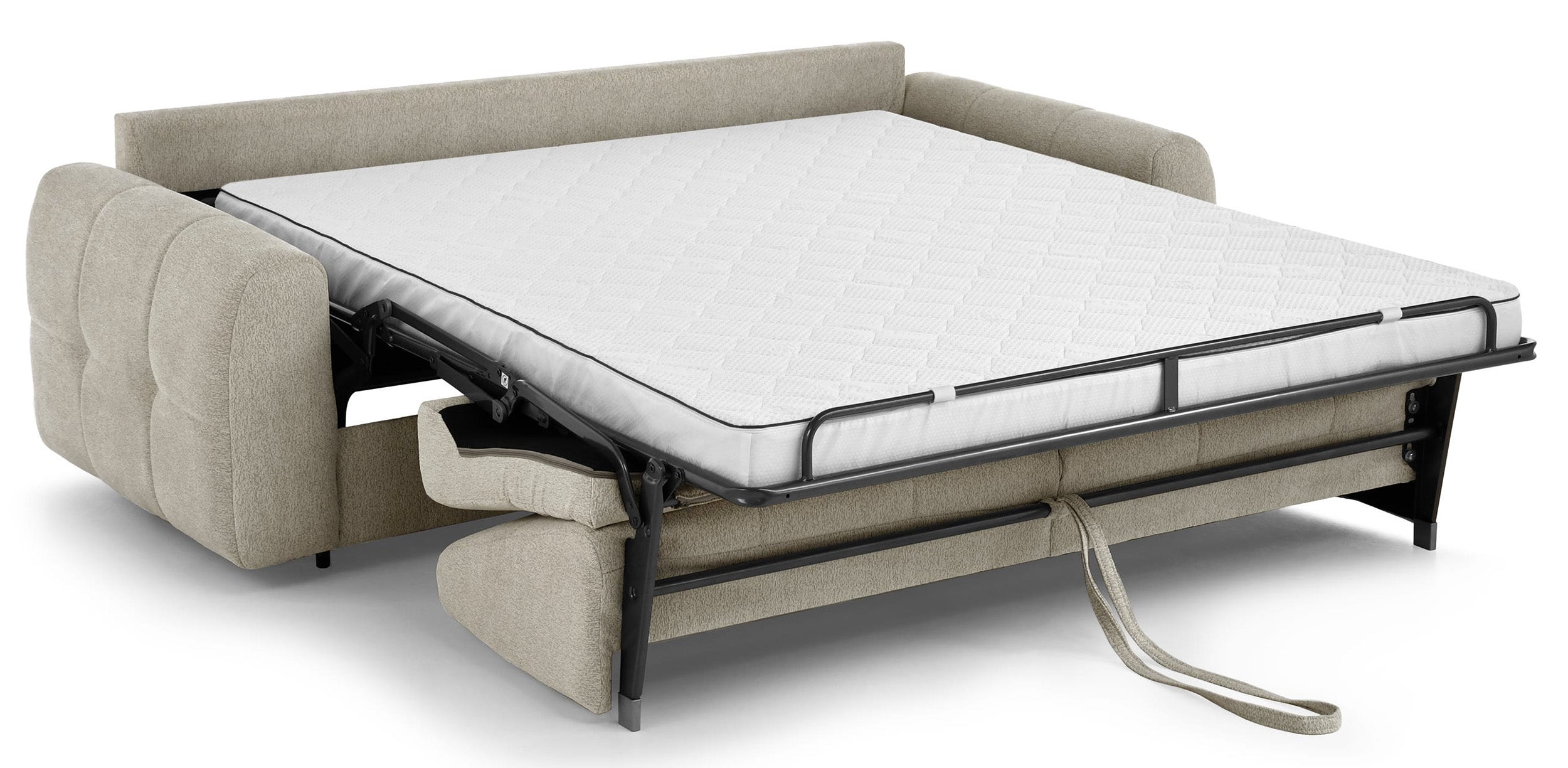 Dreisitziges ausklappbares Sofa Muvea 140 cm mit Stauraum und Matratze, italienischer Rahmen, cremefarbener Chenille-Bezug