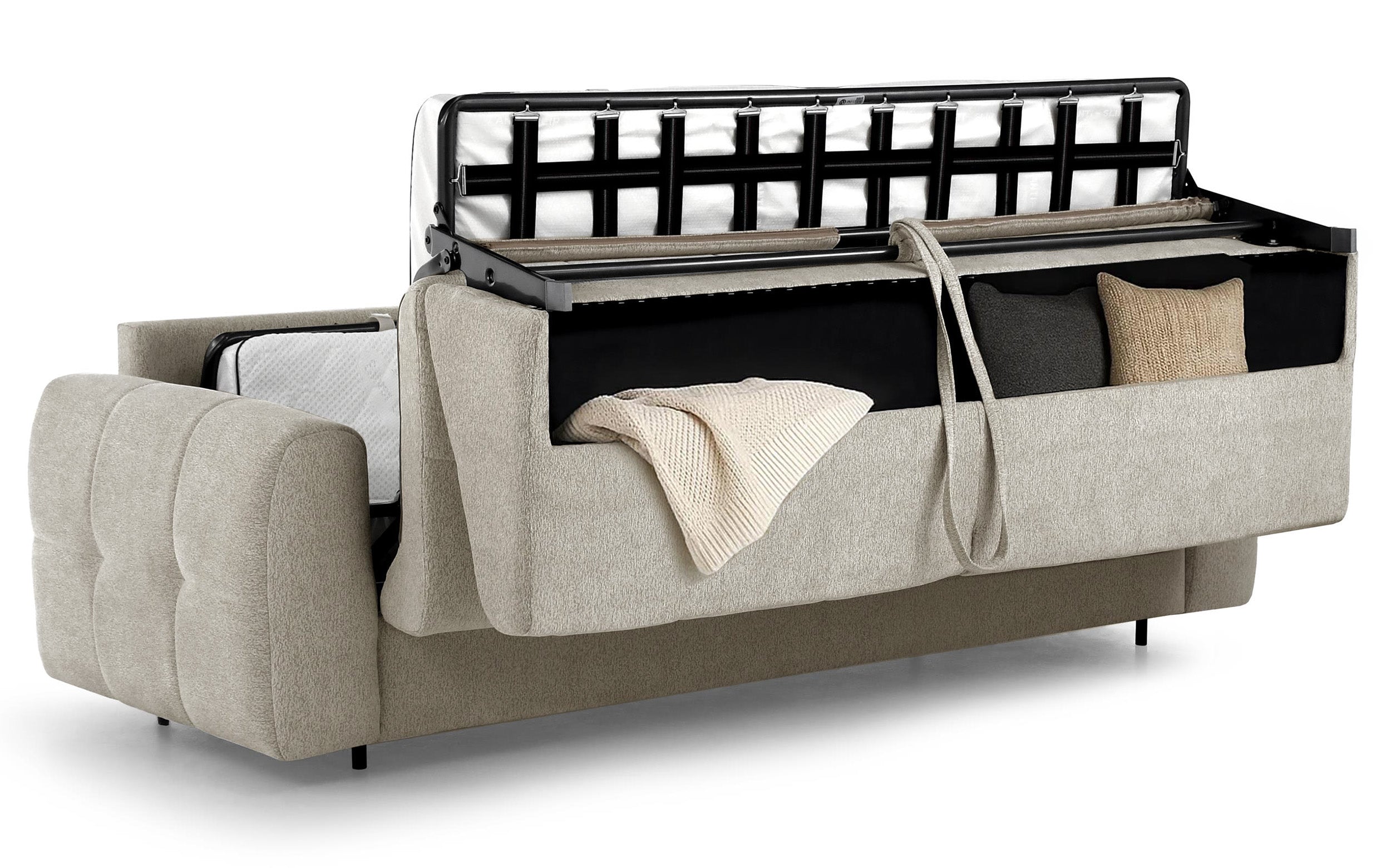Dreisitziges ausklappbares Sofa Muvea 140 cm mit Stauraum und Matratze, italienischer Rahmen, cremefarbener Chenille-Bezug