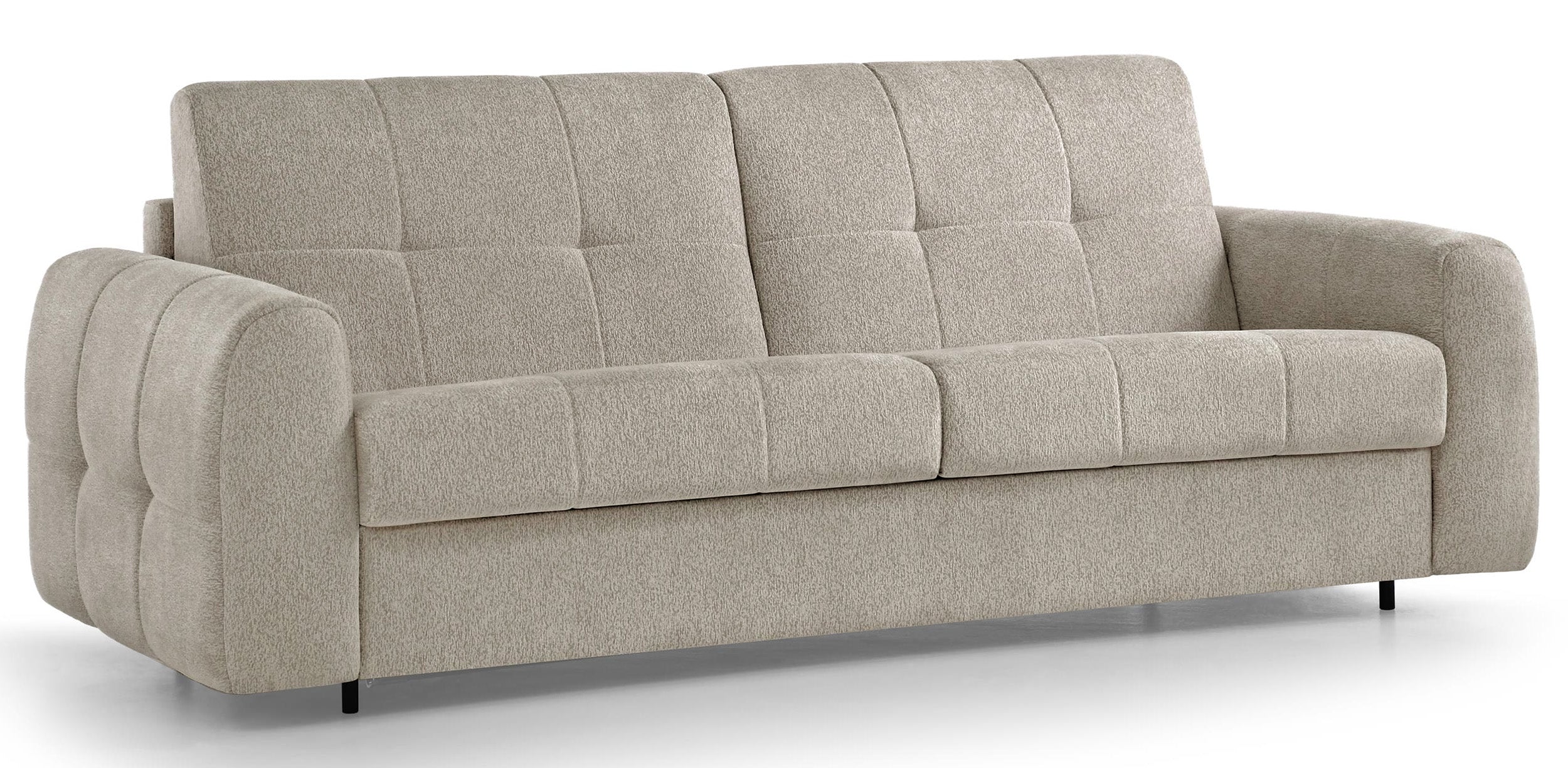 Dreisitziges ausklappbares Sofa Muvea 140 cm mit Stauraum und Matratze, italienischer Rahmen, cremefarbener Chenille-Bezug