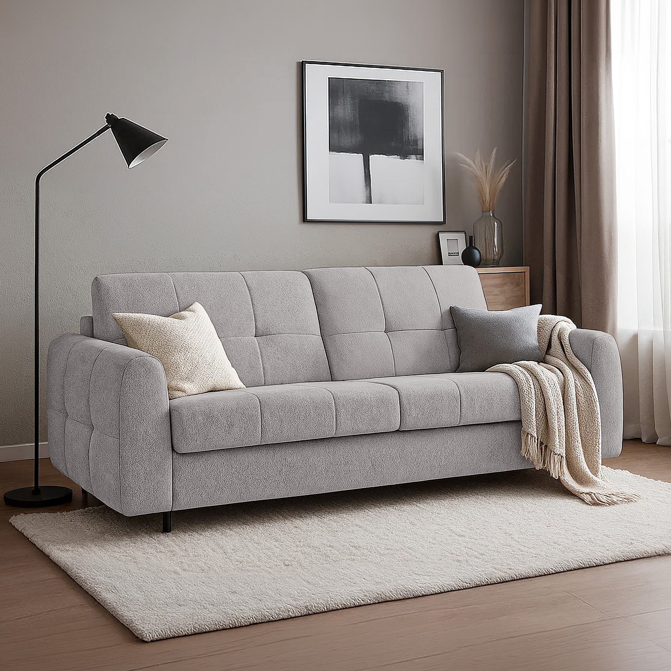 Dreisitziges Klappsofa Muvea 140 cm mit Stauraum und Matratze, italienischer Rahmen, hellgrauer Chenillestoff