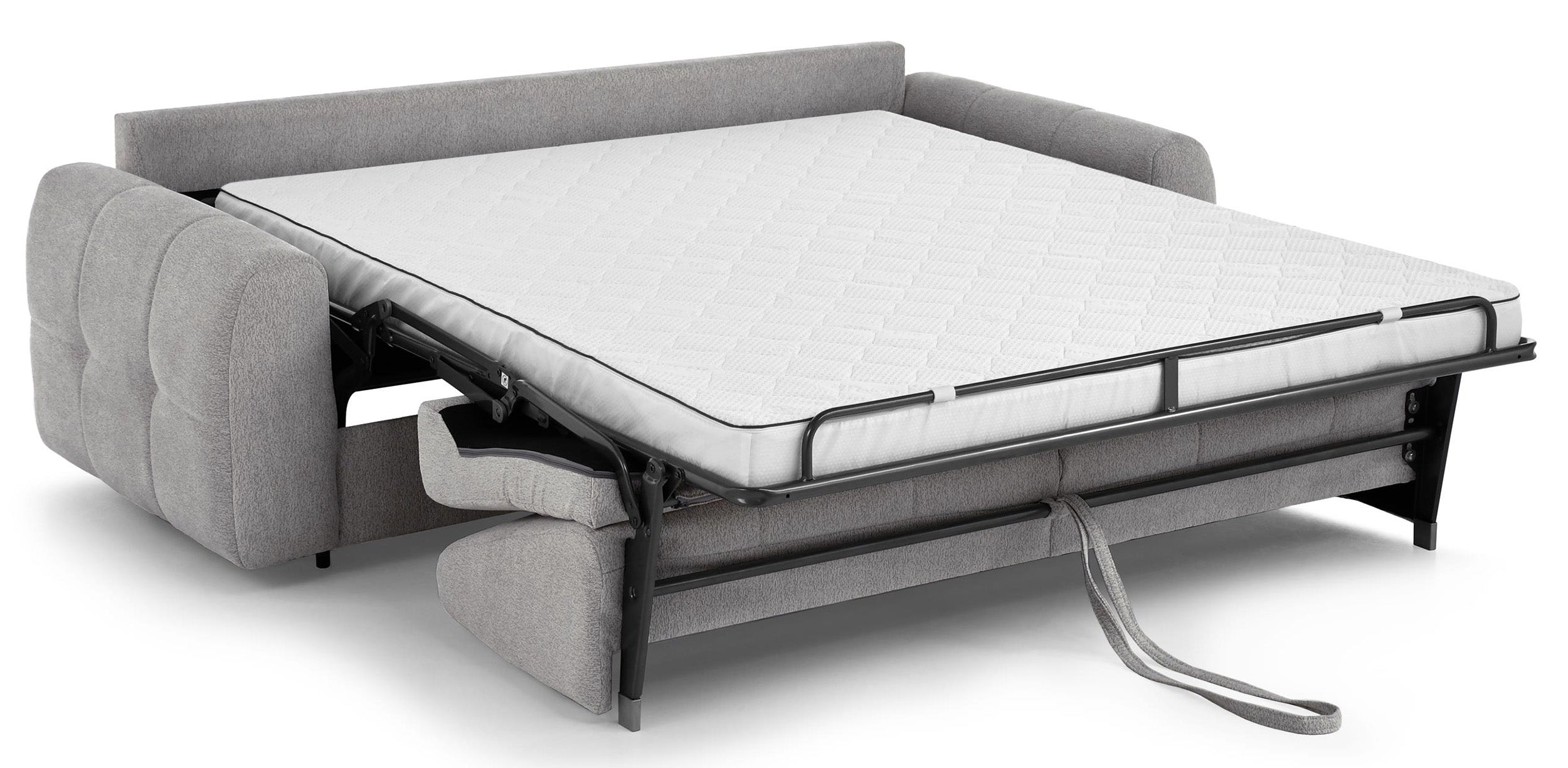Dreisitziges Klappsofa Muvea 140 cm mit Stauraum und Matratze, italienischer Rahmen, hellgrauer Chenillestoff
