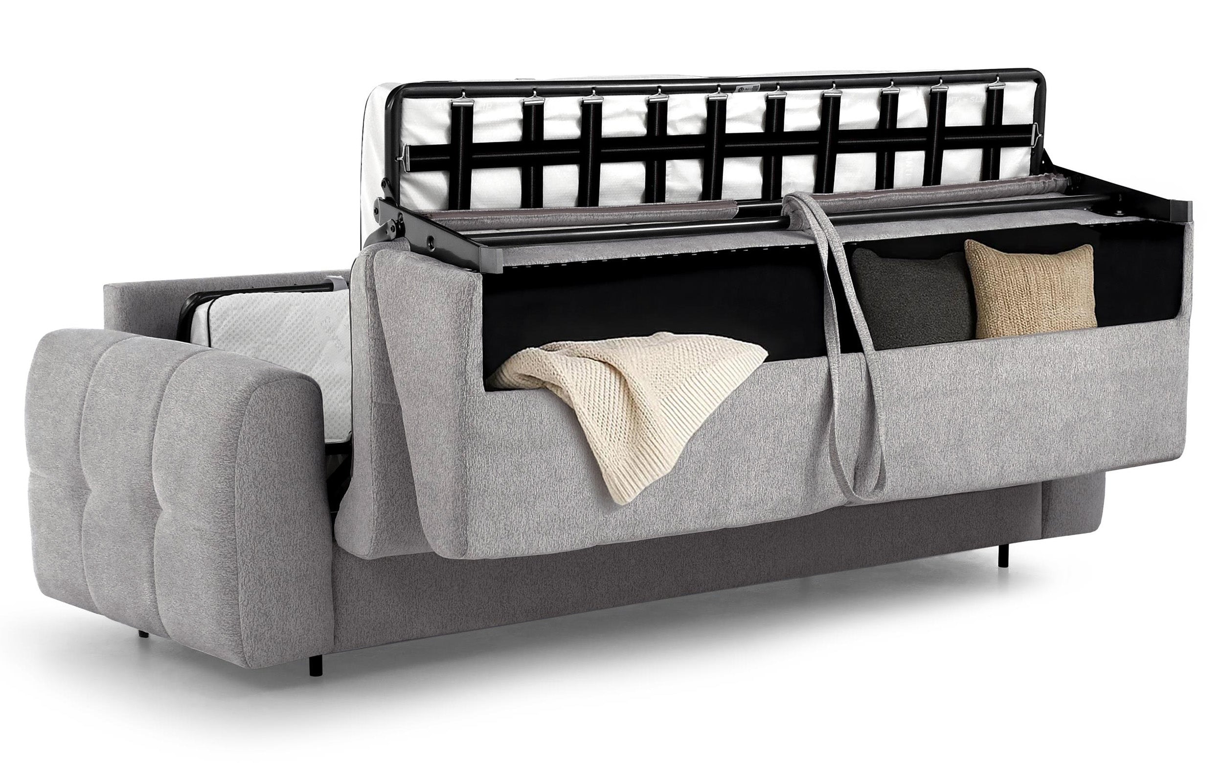 Dreisitziges Klappsofa Muvea 140 cm mit Stauraum und Matratze, italienischer Rahmen, hellgrauer Chenillestoff