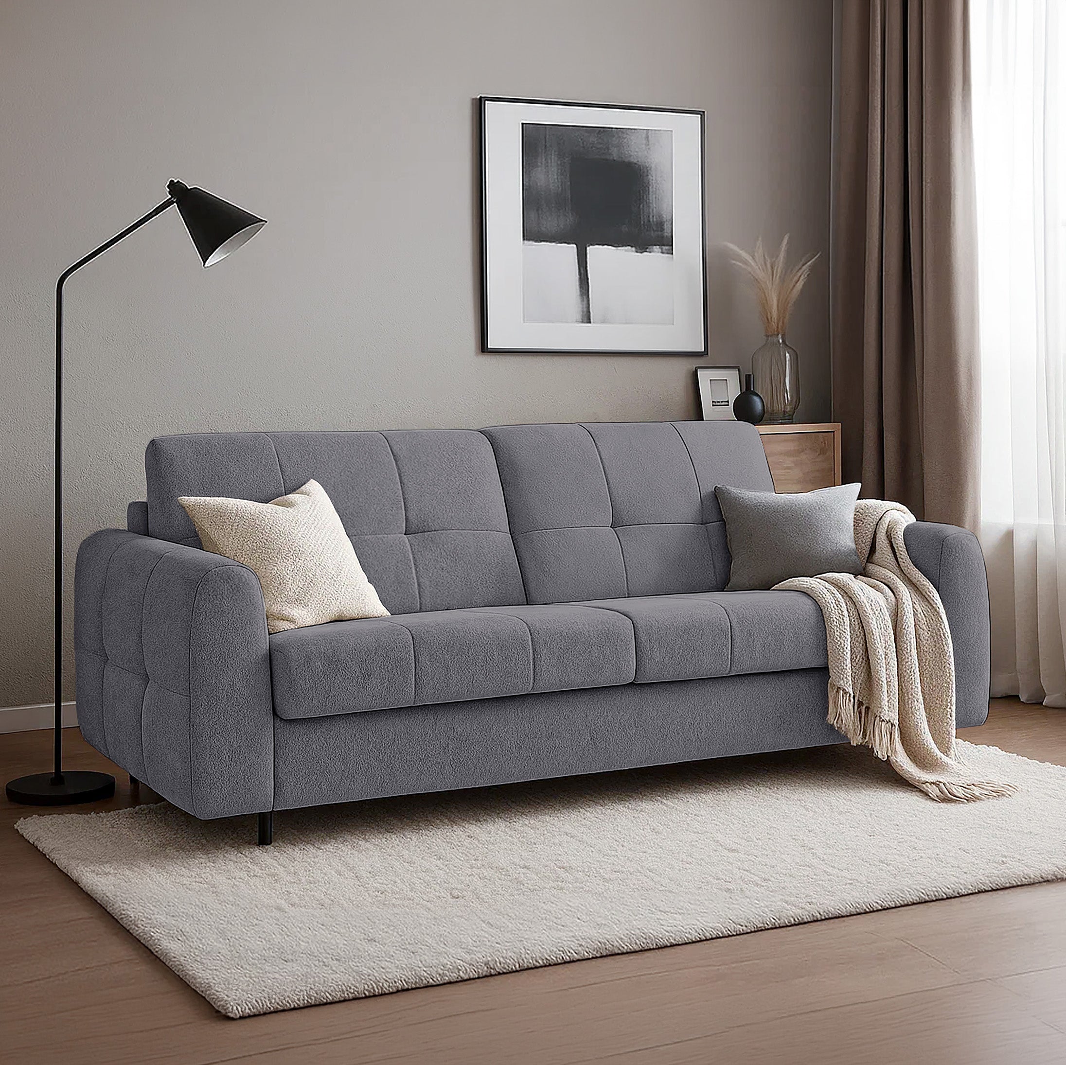 Dreisitziges ausklappbares Sofa Muvea 140 cm mit Stauraum und Matratze, italienisches Gestell, graphitfarbener Chenille-Bezug