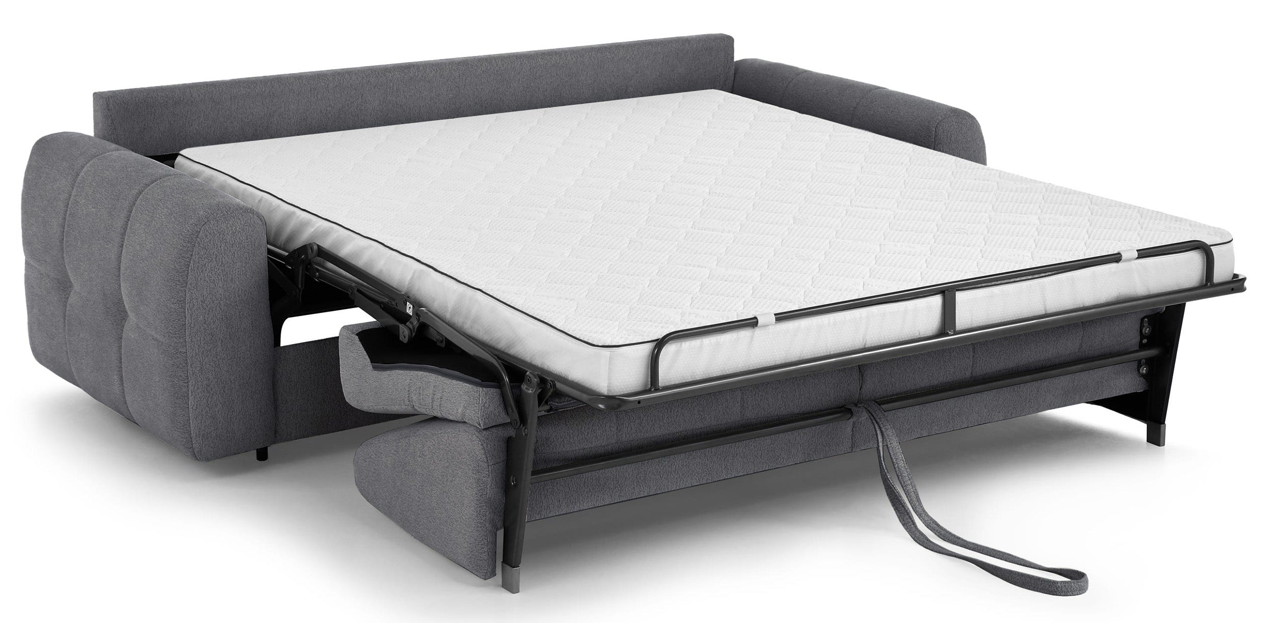 Dreisitziges ausklappbares Sofa Muvea 140 cm mit Stauraum und Matratze, italienisches Gestell, graphitfarbener Chenille-Bezug