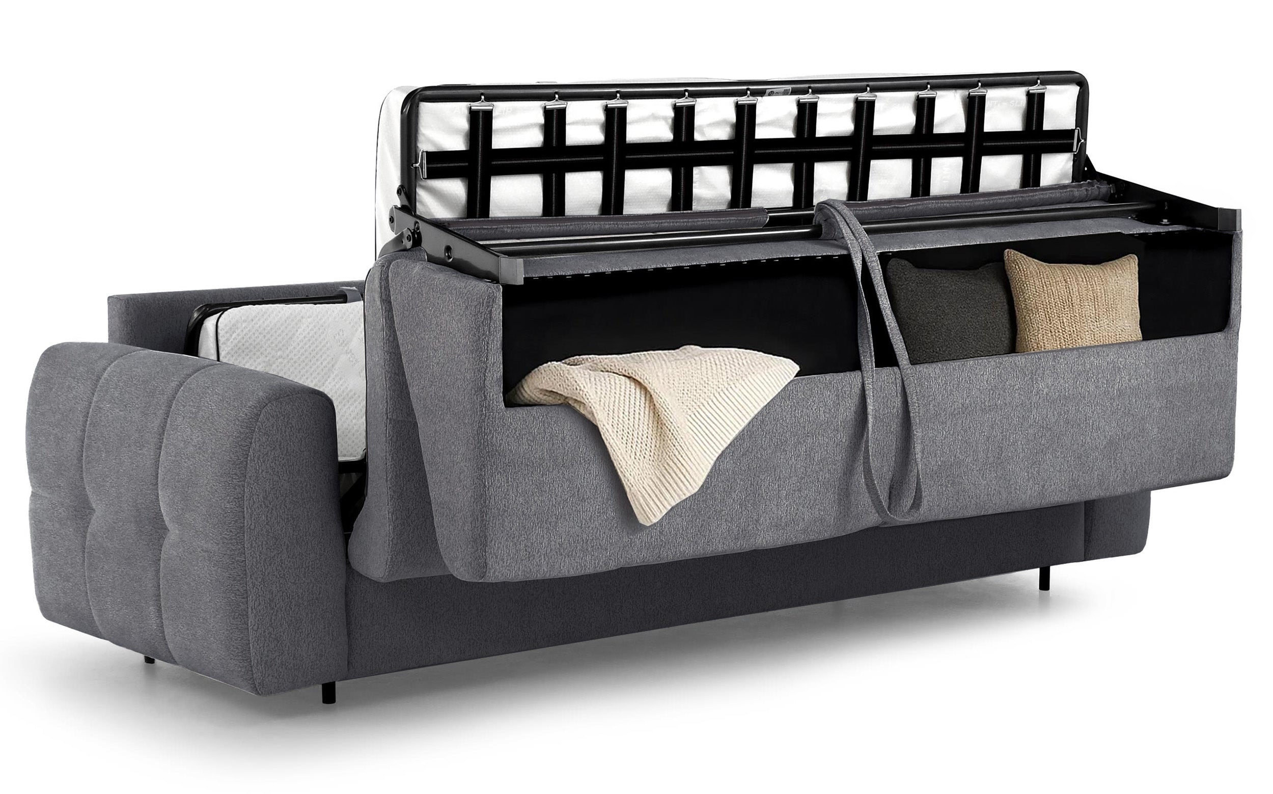 Dreisitziges ausklappbares Sofa Muvea 140 cm mit Stauraum und Matratze, italienisches Gestell, graphitfarbener Chenille-Bezug
