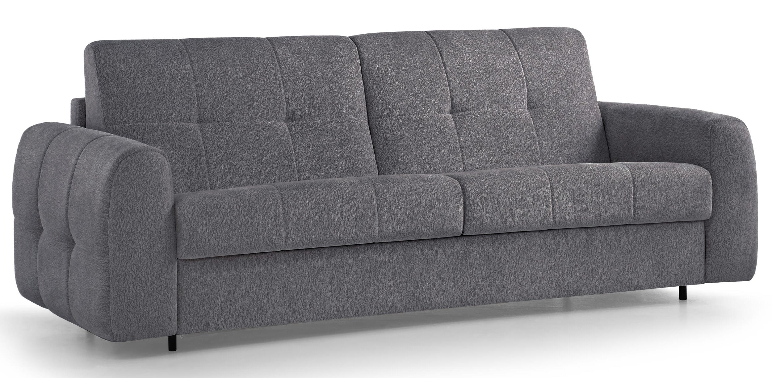 Dreisitziges ausklappbares Sofa Muvea 140 cm mit Stauraum und Matratze, italienisches Gestell, graphitfarbener Chenille-Bezug