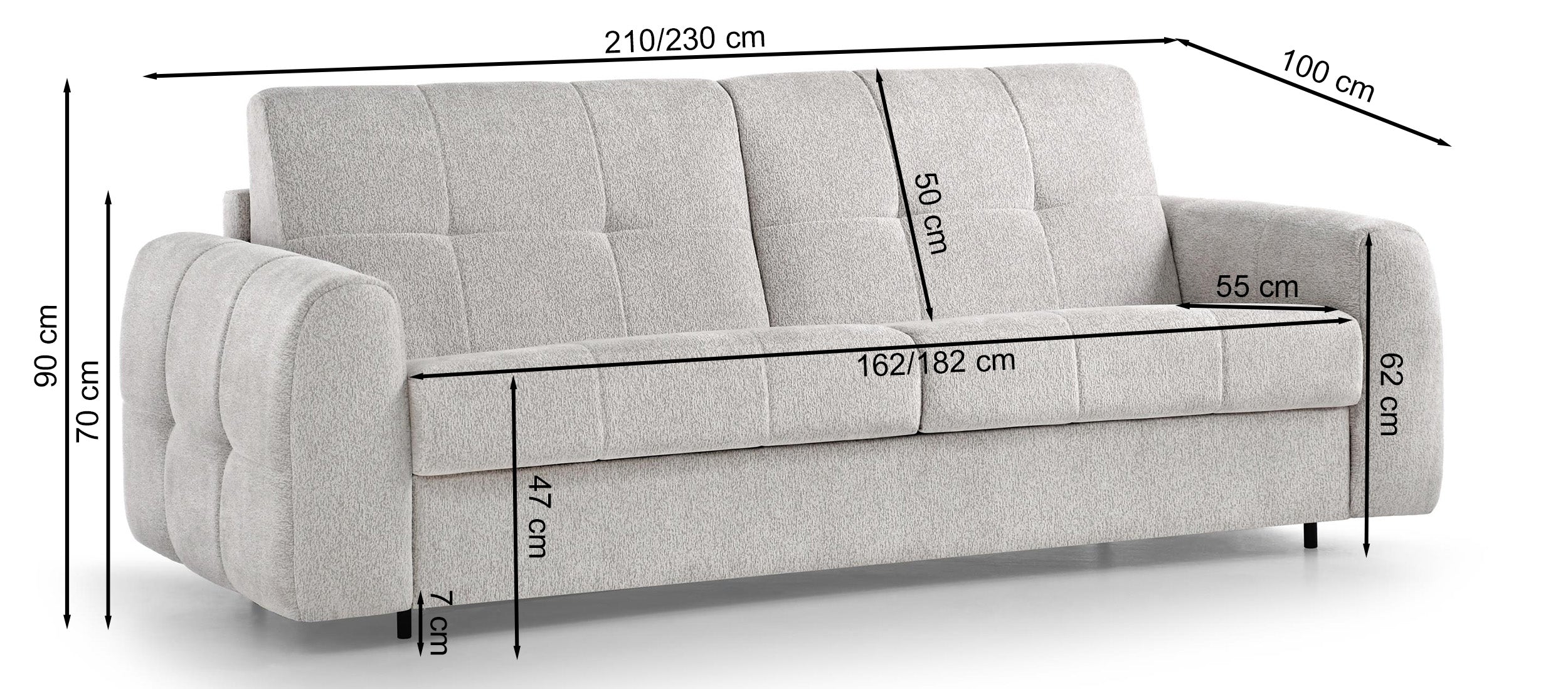 Dreisitziges ausklappbares Sofa Muvea 140 cm mit Stauraum und Matratze, italienisches Gestell, graphitfarbener Chenille-Bezug