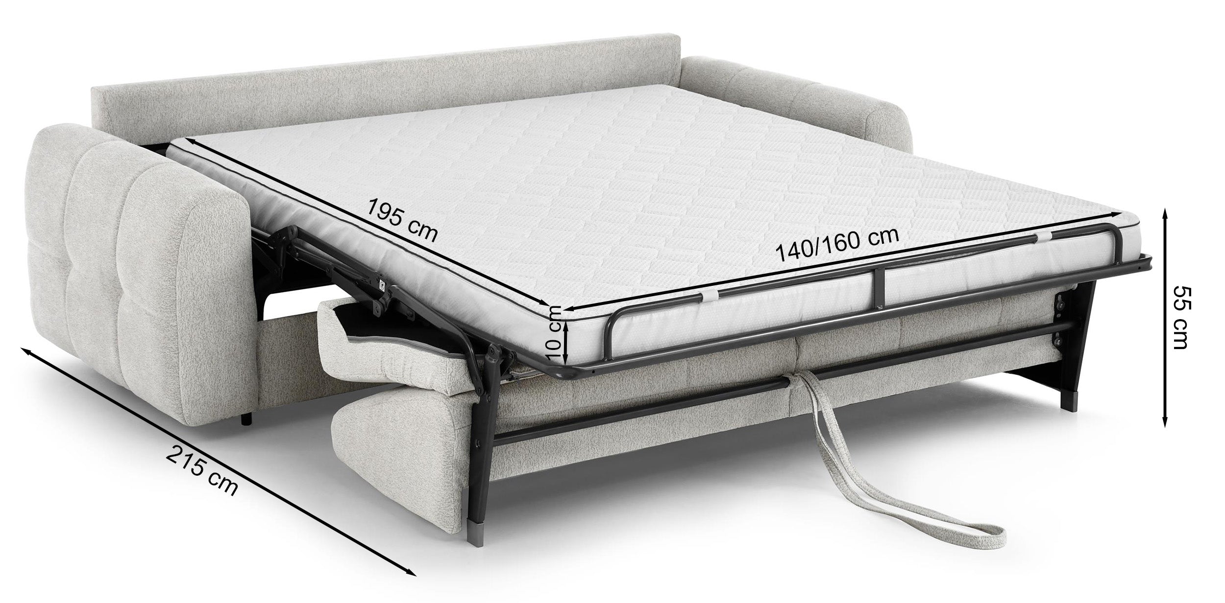 Dreisitziges ausklappbares Sofa Muvea 140 cm mit Stauraum und Matratze, italienisches Gestell, graphitfarbener Chenille-Bezug