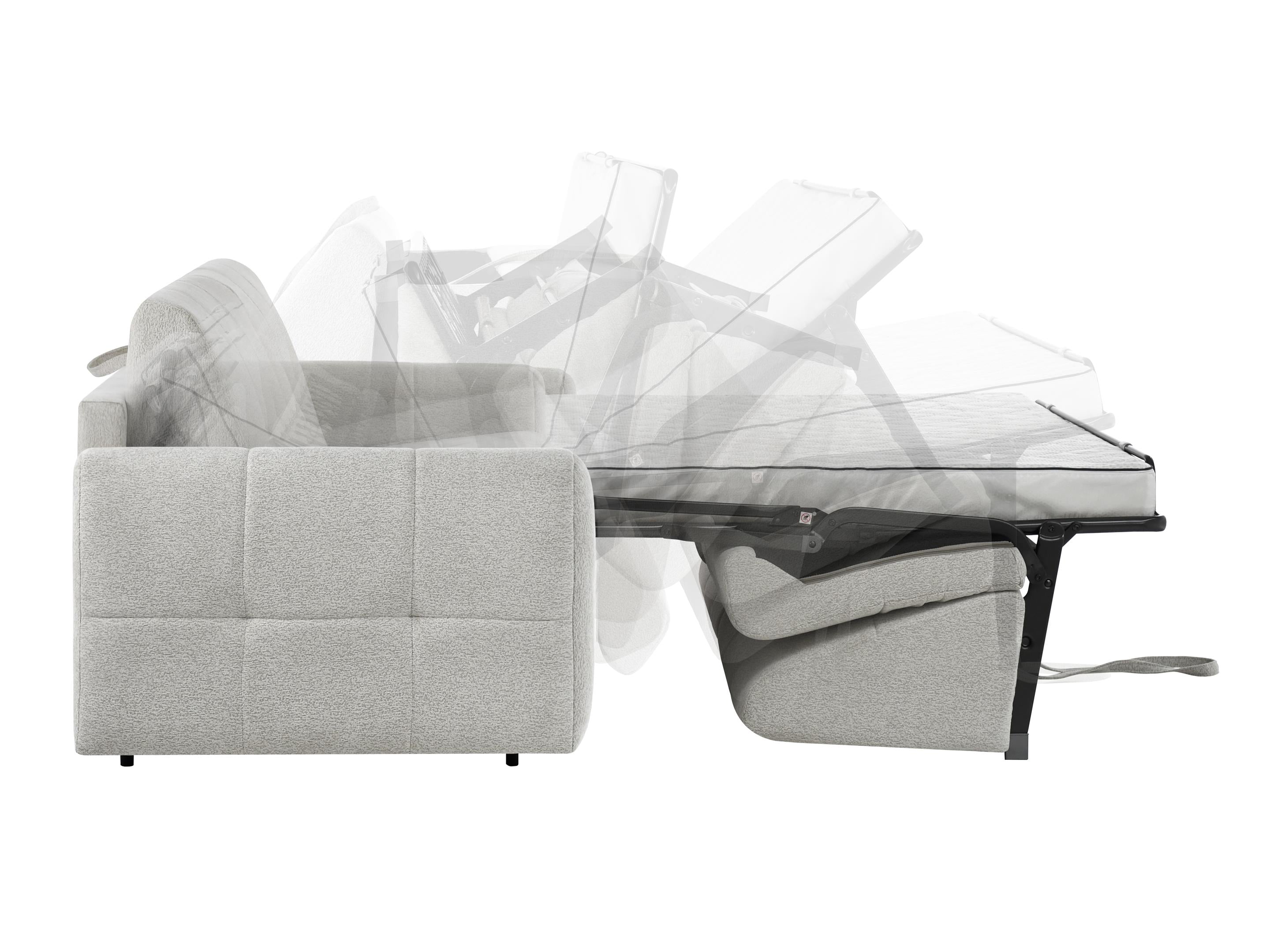Dreisitziges ausklappbares Sofa Muvea 140 cm mit Stauraum und Matratze, italienisches Gestell, graphitfarbener Chenille-Bezug