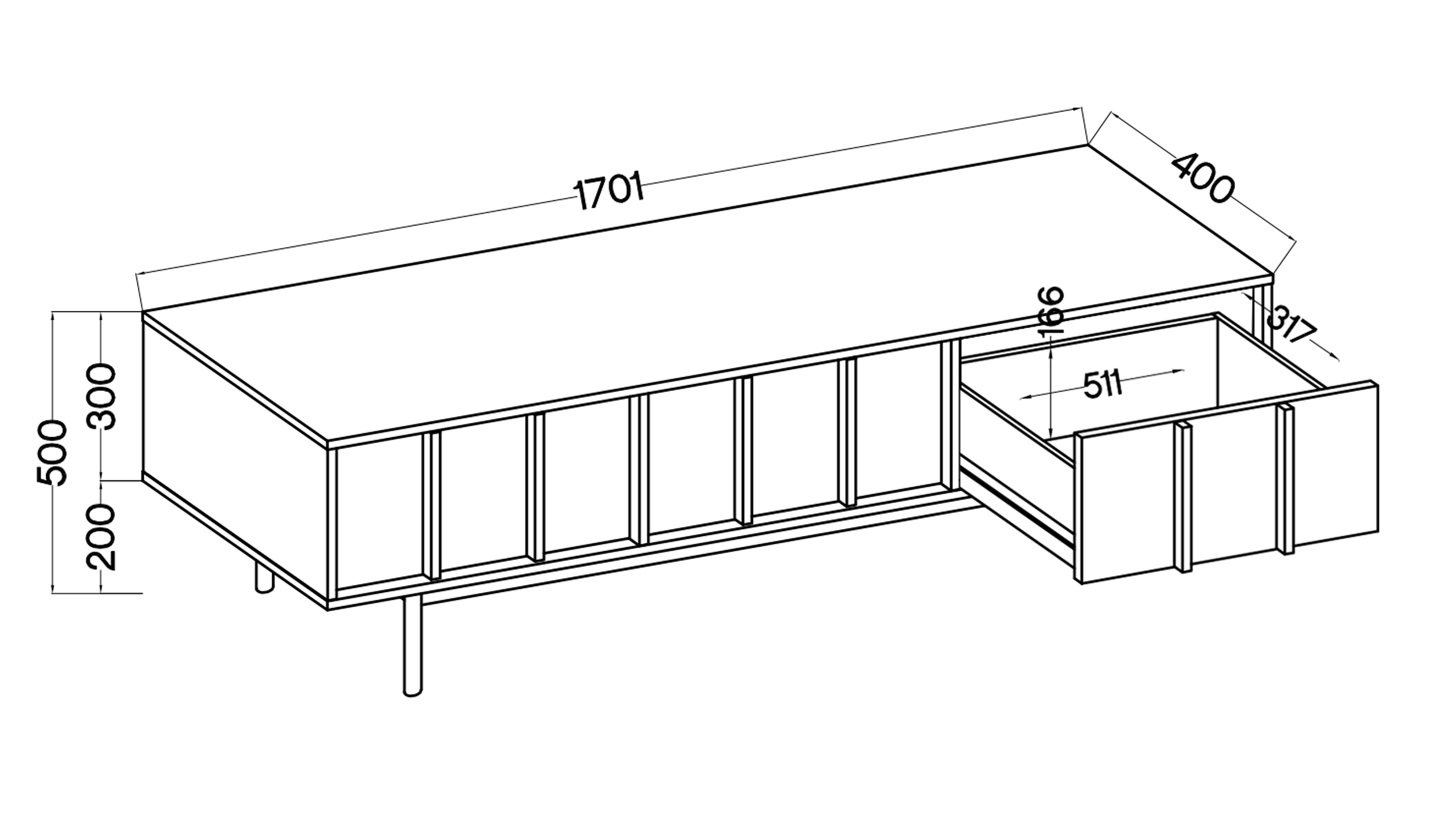 TV-Schrank Neksto mit drei Schubladen, 170 cm, geölte Eiche