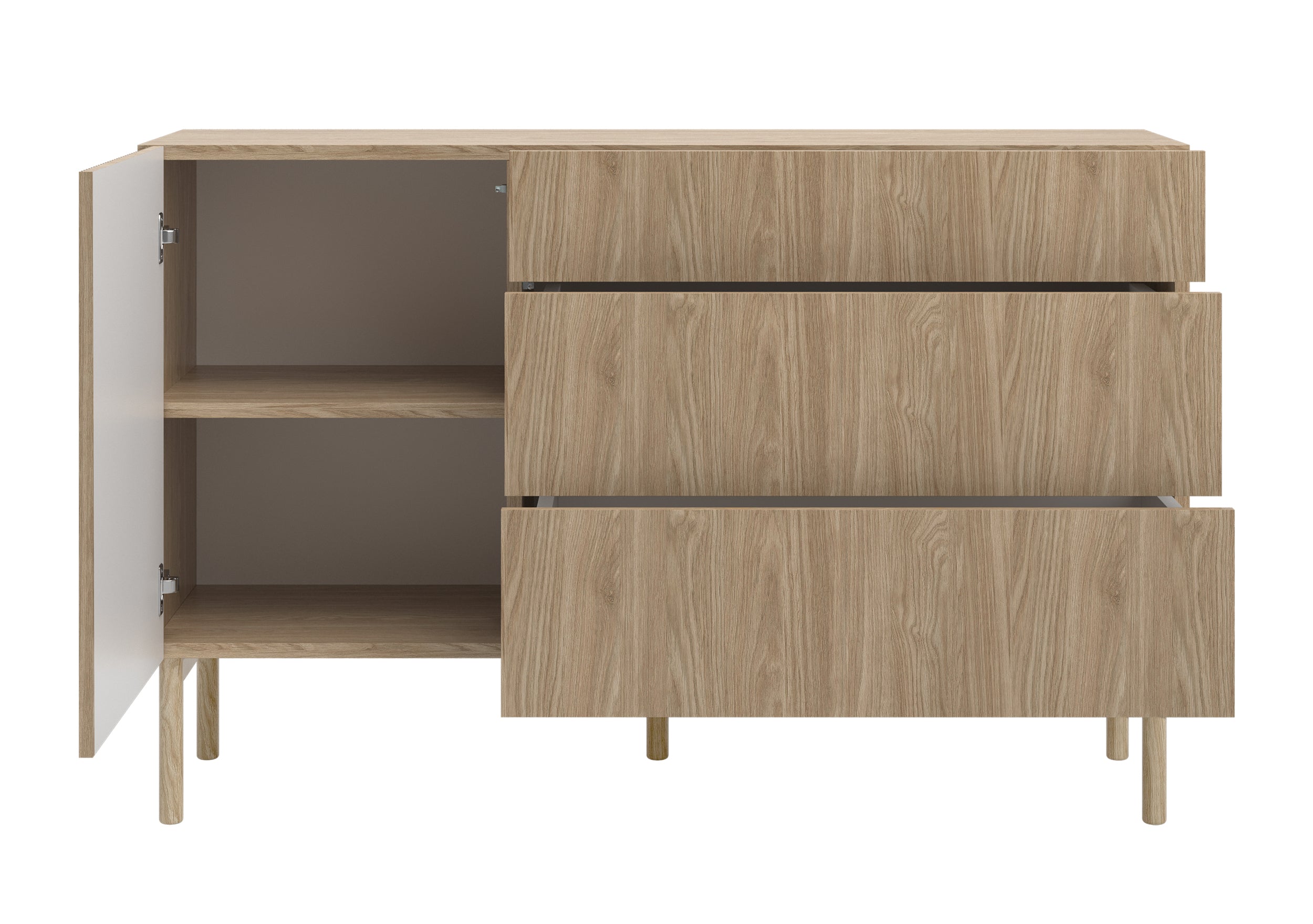 Einzeltür-Kommode Nolie mit drei Schubladen, 140 cm, geölte Eiche