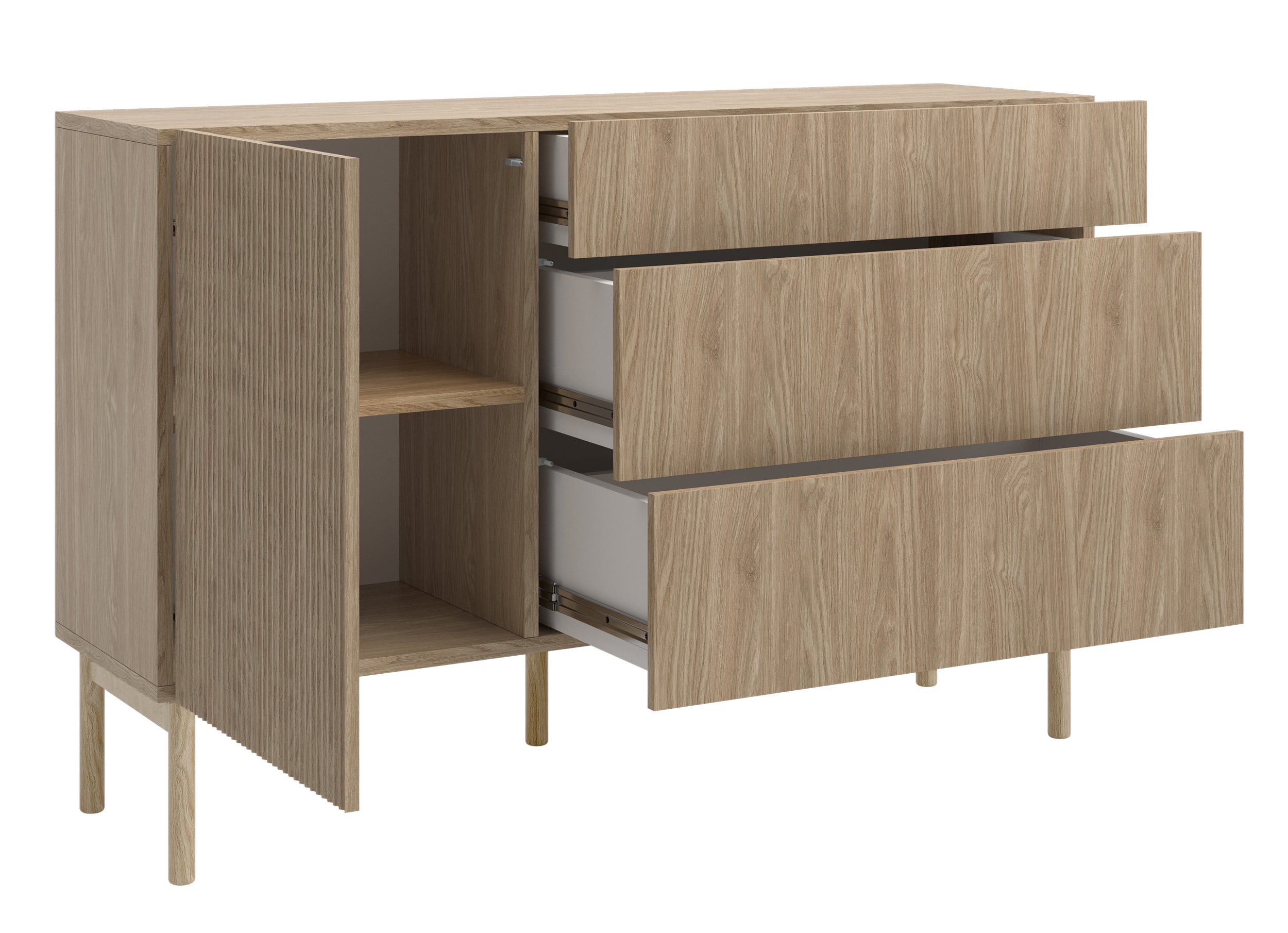 Einzeltür-Kommode Nolie mit drei Schubladen, 140 cm, geölte Eiche