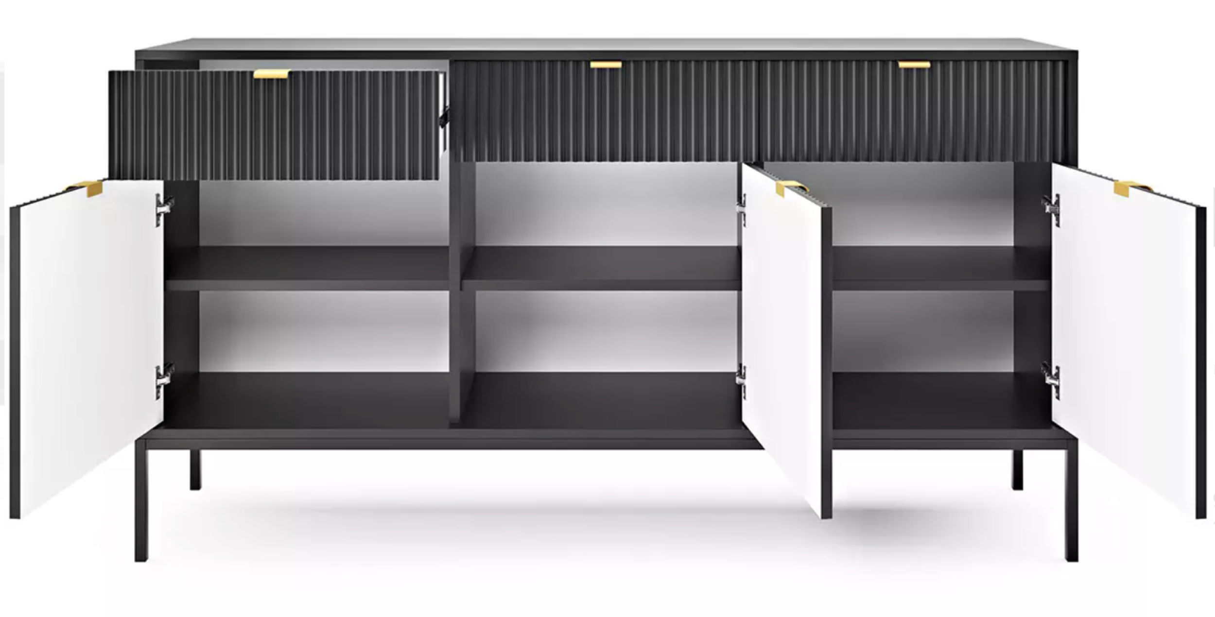 Drehtür-Kommode Vellore 154 cm schwarz mit gerillten Fronten und goldenem Gestell