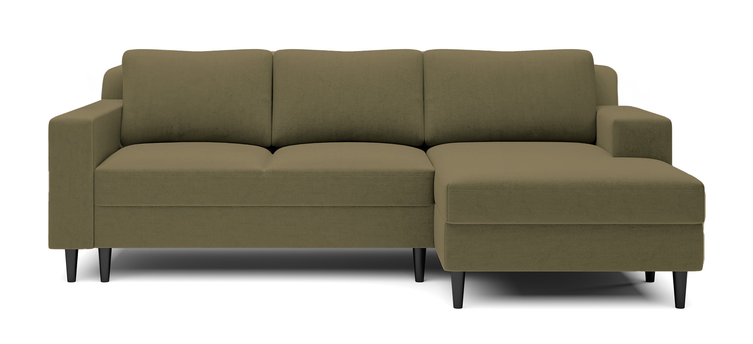 Ecksofa mit Schlafunktion Nalika, L-förmig, mit Stauraum, olivgrüner hydrophober Samt, rechtsseitig