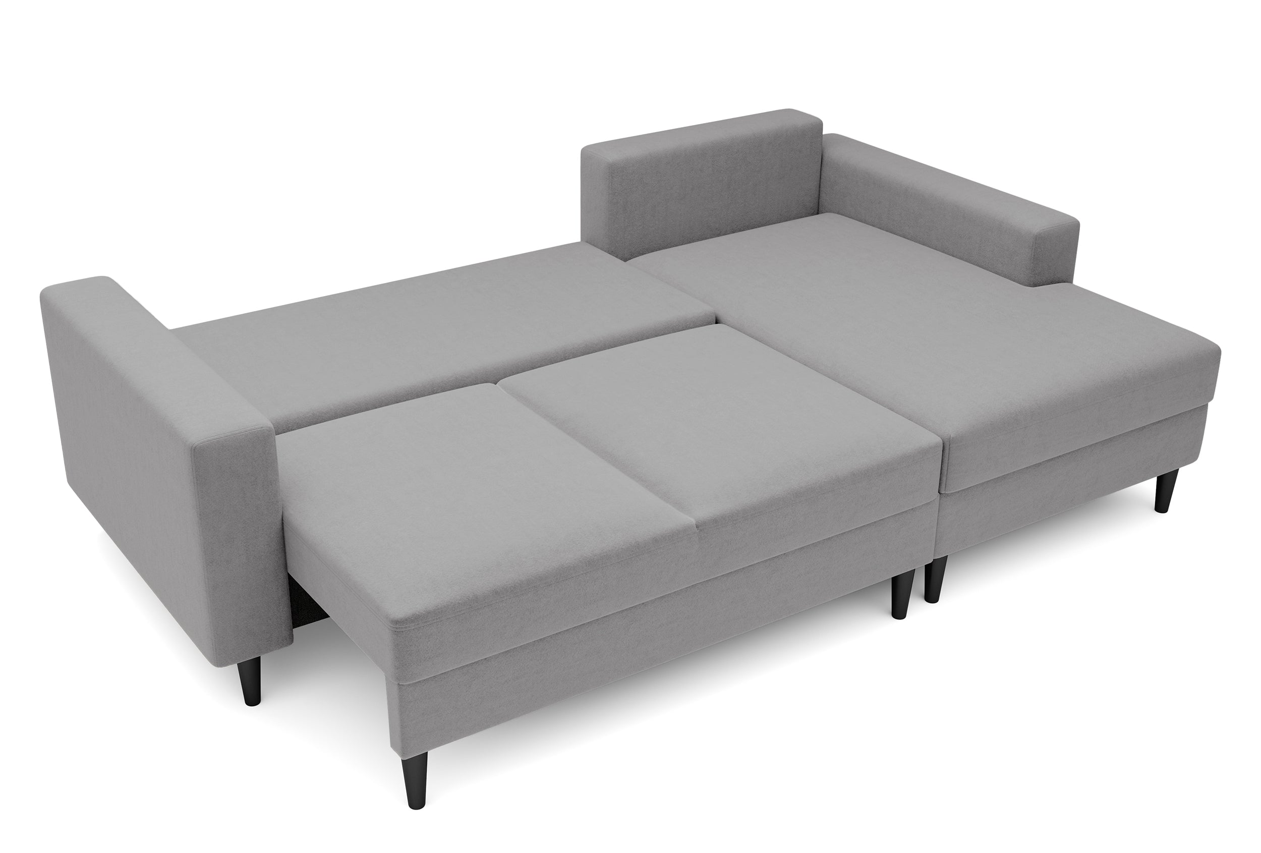 Ecksofa mit Schlaffunktion Nalika, L-förmig, mit Stauraum, grauer hydrophober Samt, rechtsseitig