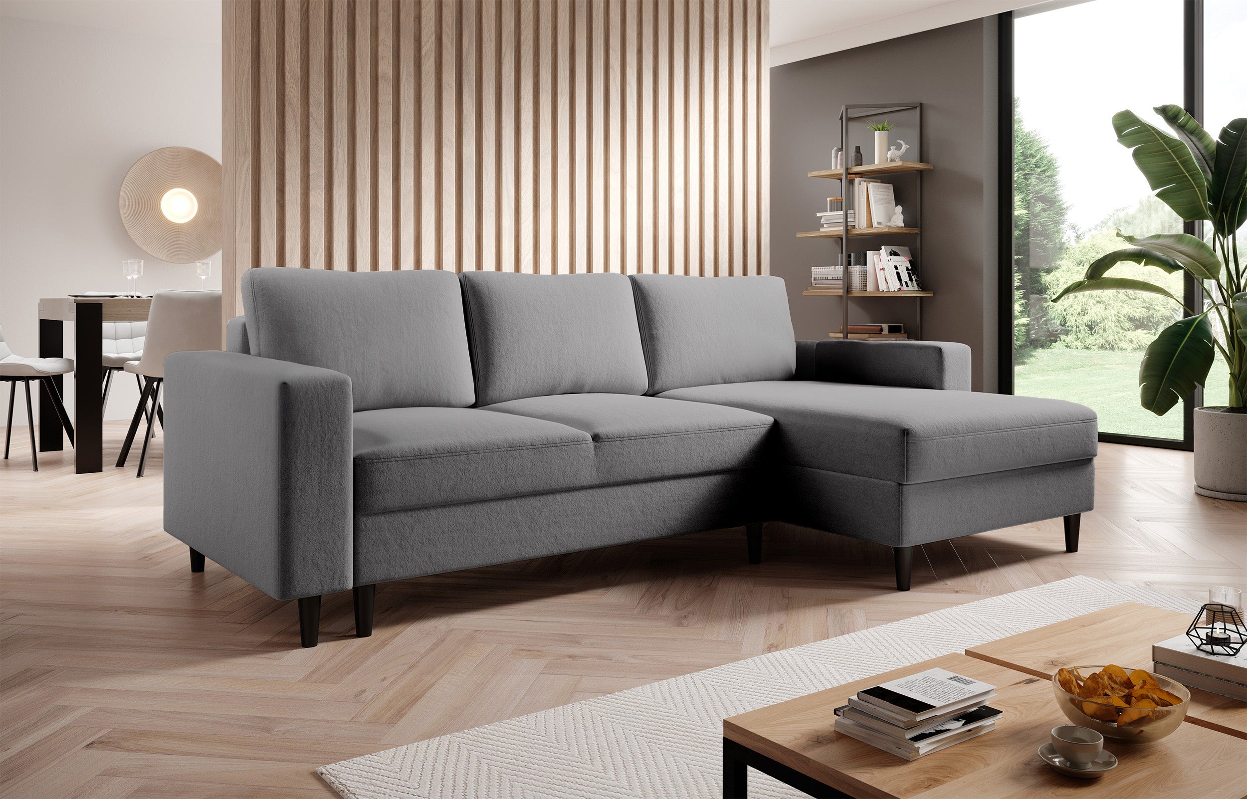 Ecksofa mit Schlaffunktion Nalika, L-förmig, mit Stauraum, grauer hydrophober Samt, rechtsseitig